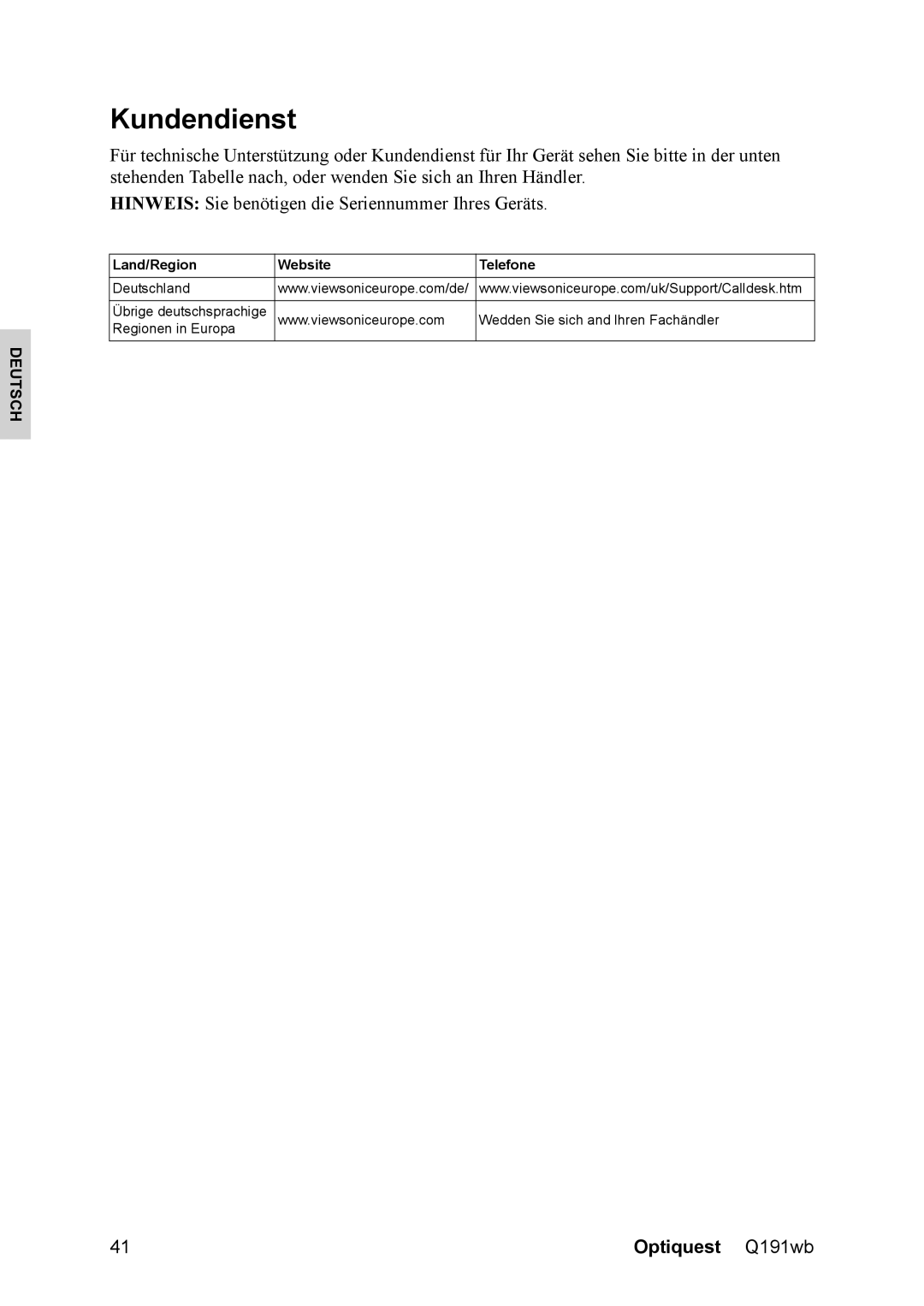 ViewSonic Q191WB, VS12105 manual Kundendienst 