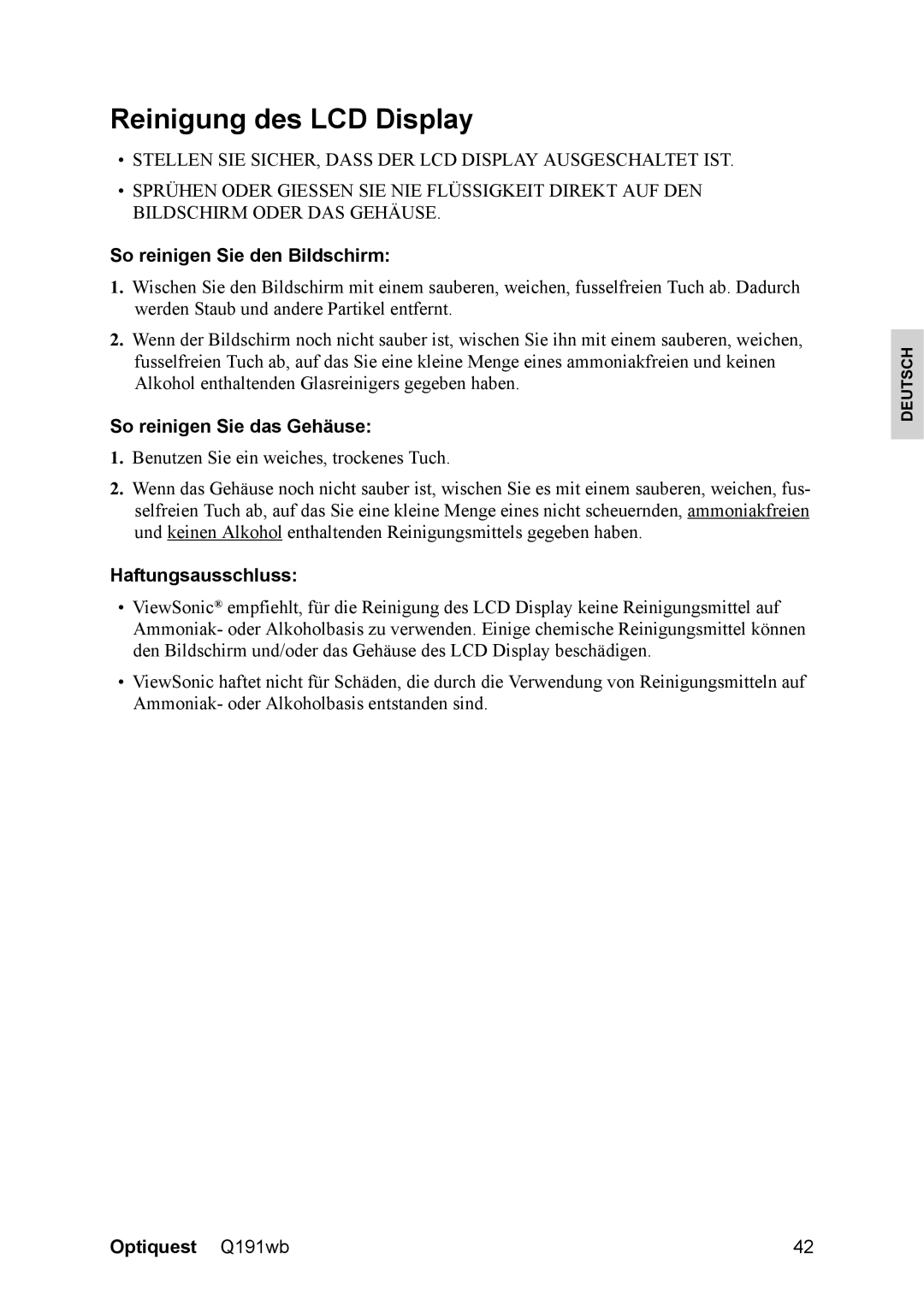 ViewSonic VS12105, Q191WB manual Reinigung des LCD Display, So reinigen Sie den Bildschirm, So reinigen Sie das Gehäuse 