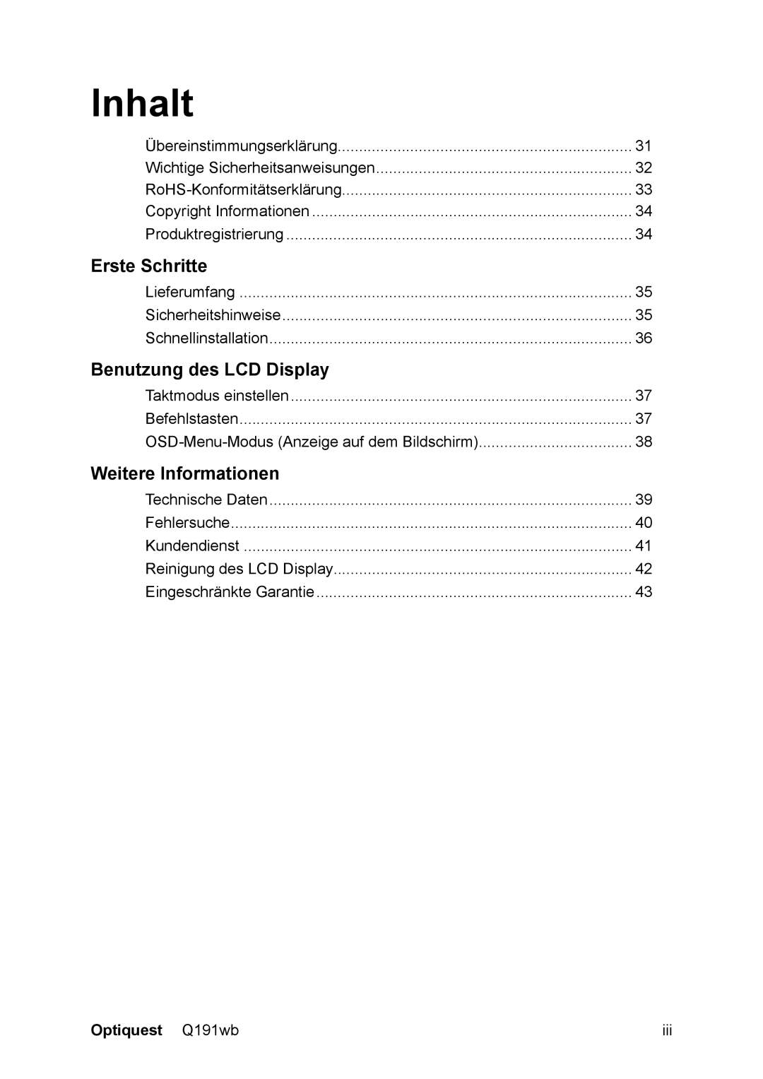 ViewSonic VS12105, Q191WB manual Inhalt, Optiquest Q191wb 