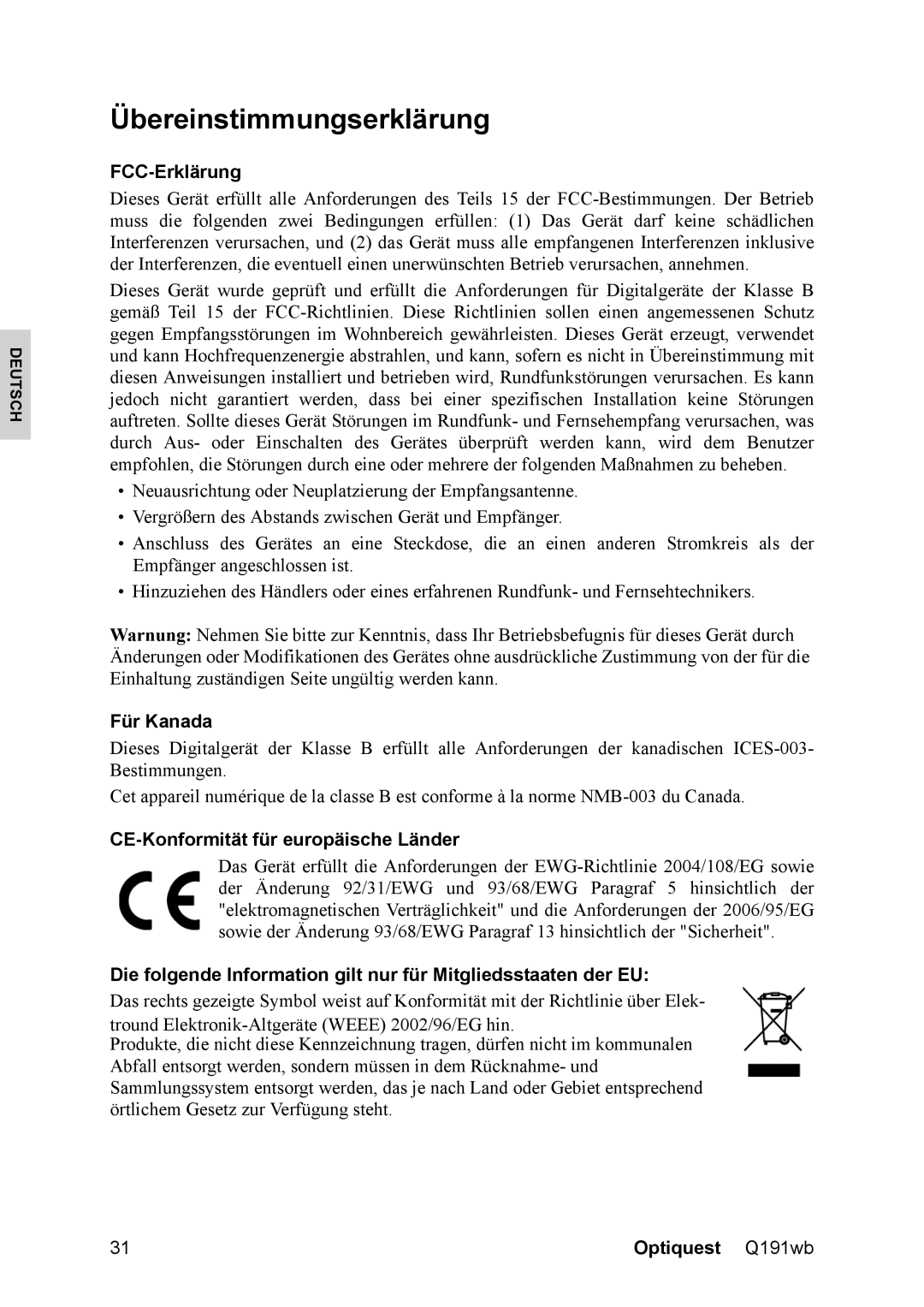 ViewSonic Q191WB, VS12105 manual Übereinstimmungserklärung, FCC-Erklärung, Für Kanada, CE-Konformität für europäische Länder 