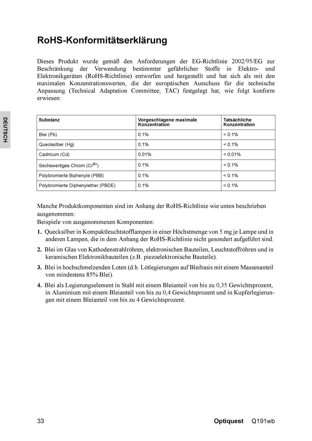 ViewSonic Q191WB, VS12105 manual RoHS-Konformitätserklärung, Substanz Vorgeschlagene maximale Tatsächliche Konzentration 