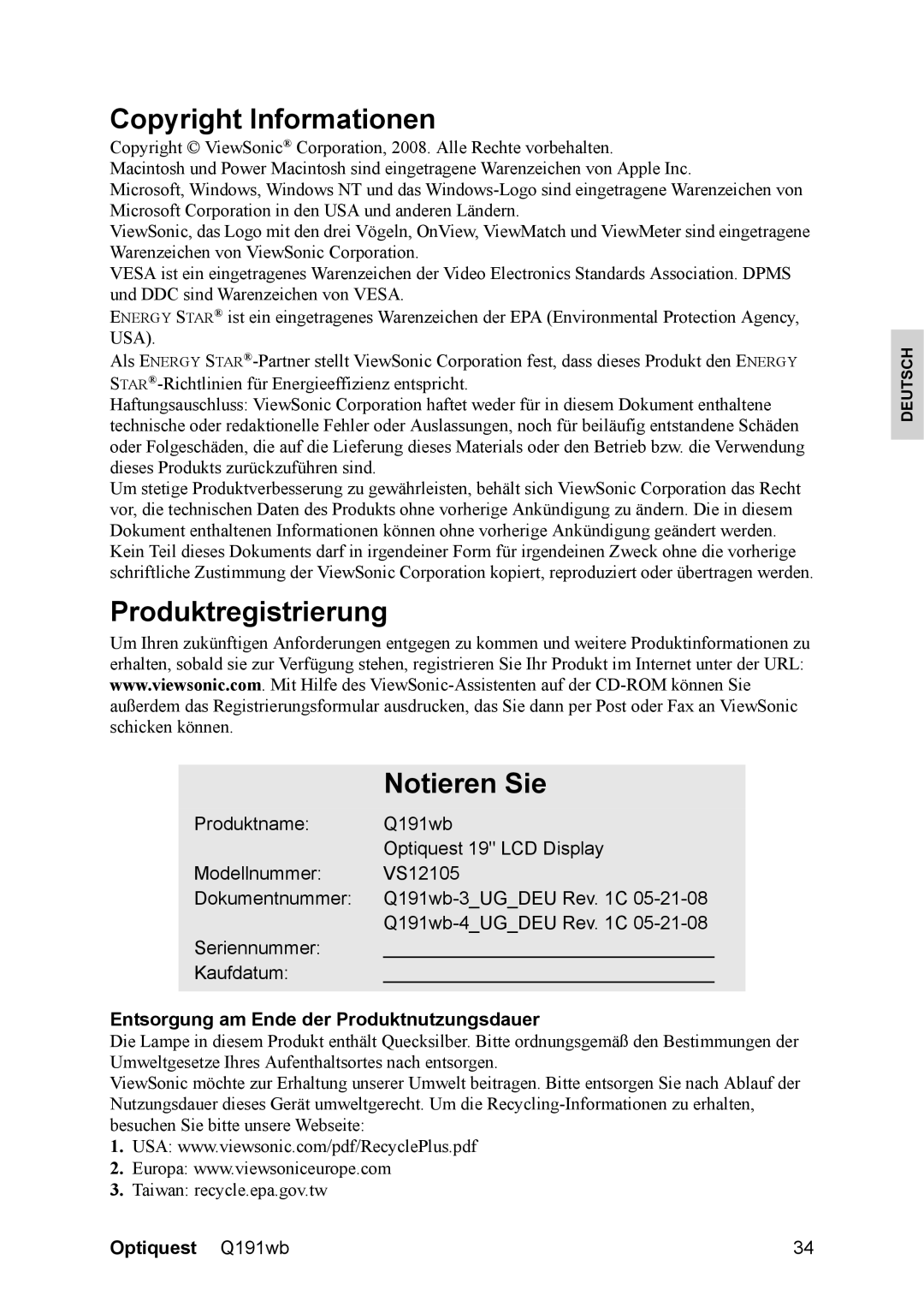 ViewSonic VS12105 Copyright Informationen, Produktregistrierung Notieren Sie, Entsorgung am Ende der Produktnutzungsdauer 