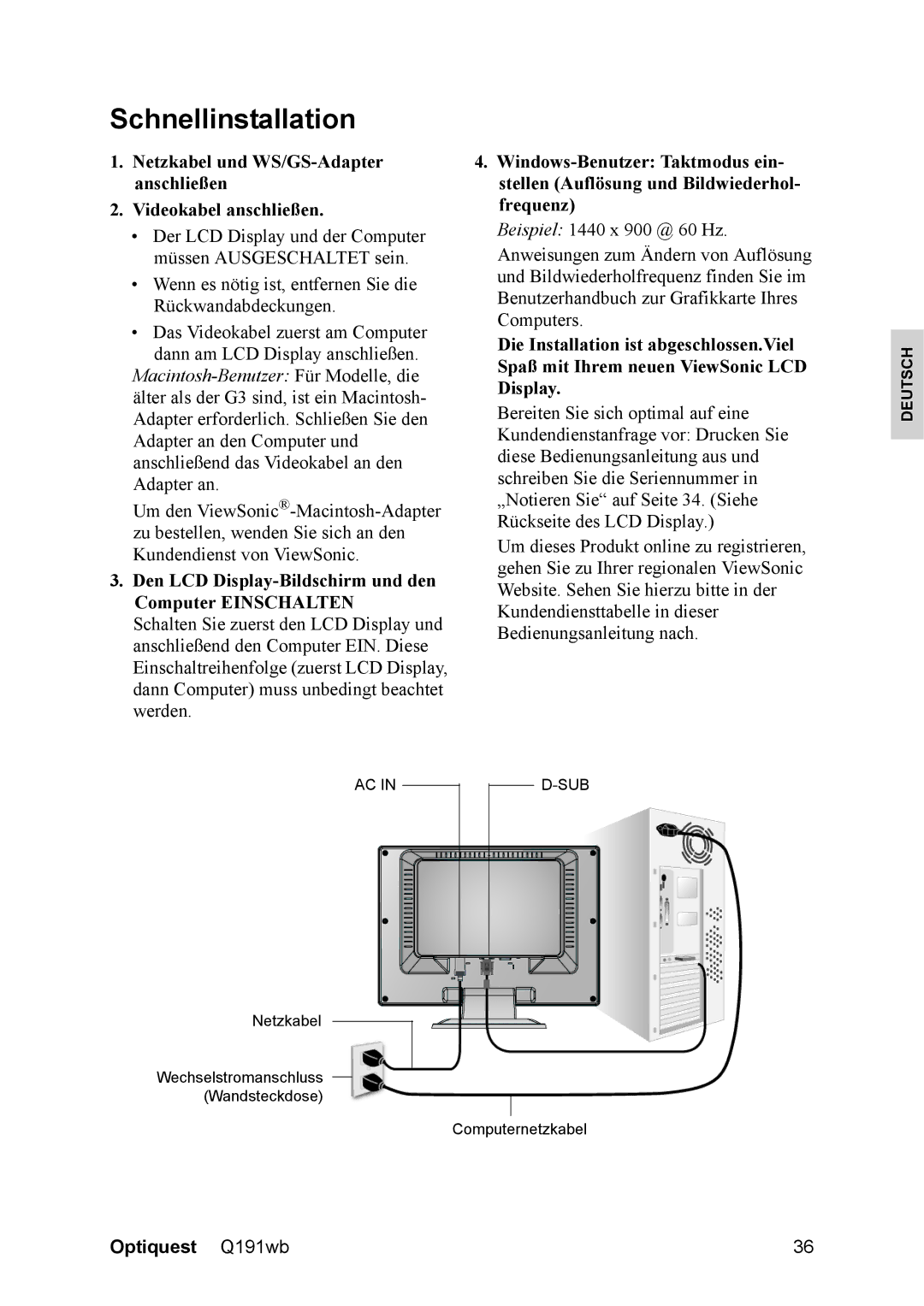 ViewSonic VS12105, Q191WB manual Schnellinstallation 