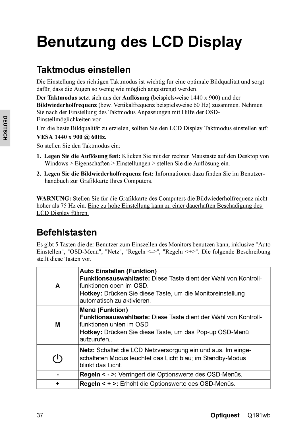 ViewSonic Q191WB Benutzung des LCD Display, Taktmodus einstellen, Befehlstasten, Auto Einstellen Funktion, Menü Funktion 