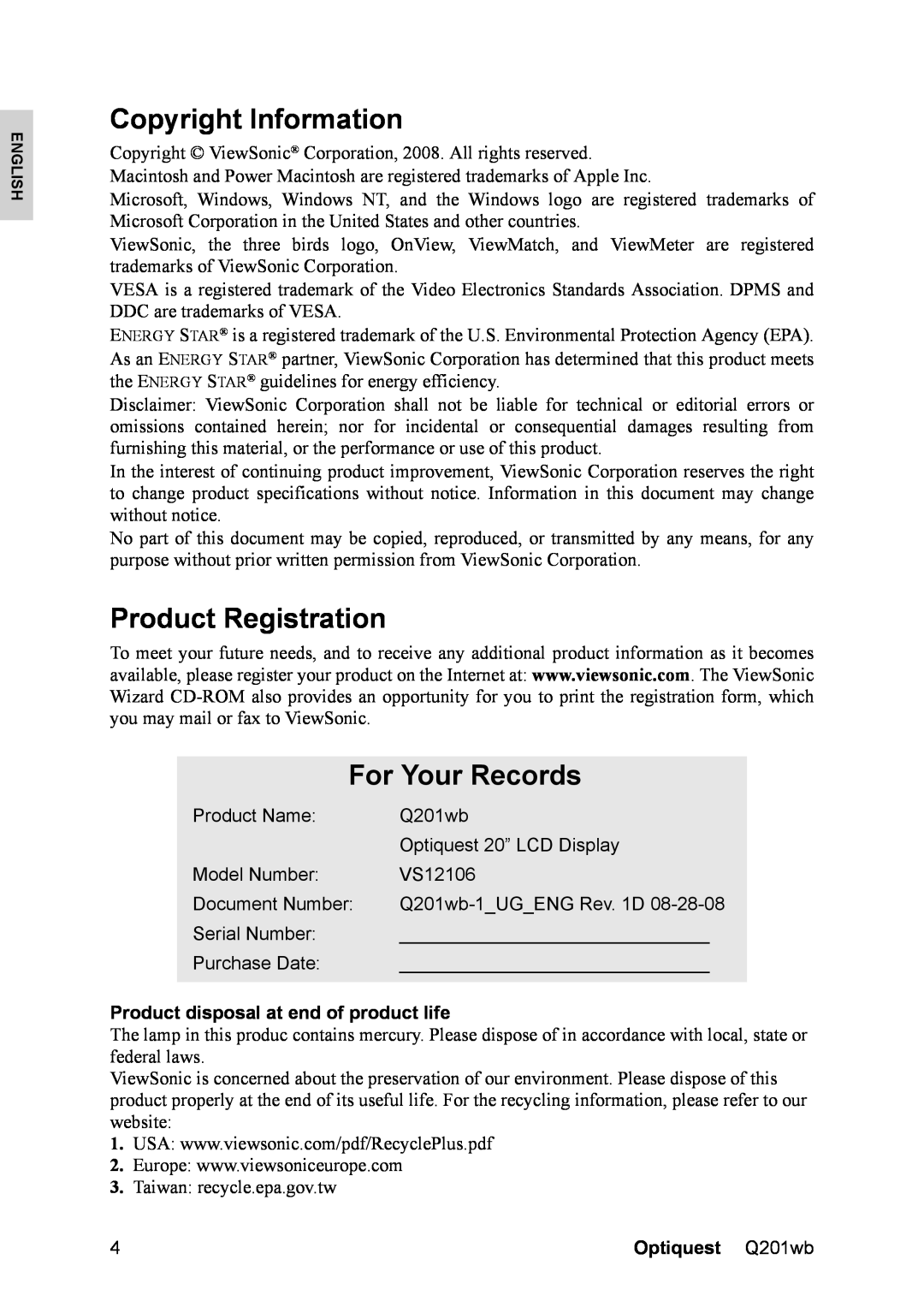 ViewSonic VS12106 Copyright Information, Product Registration, For Your Records, Product disposal at end of product life 