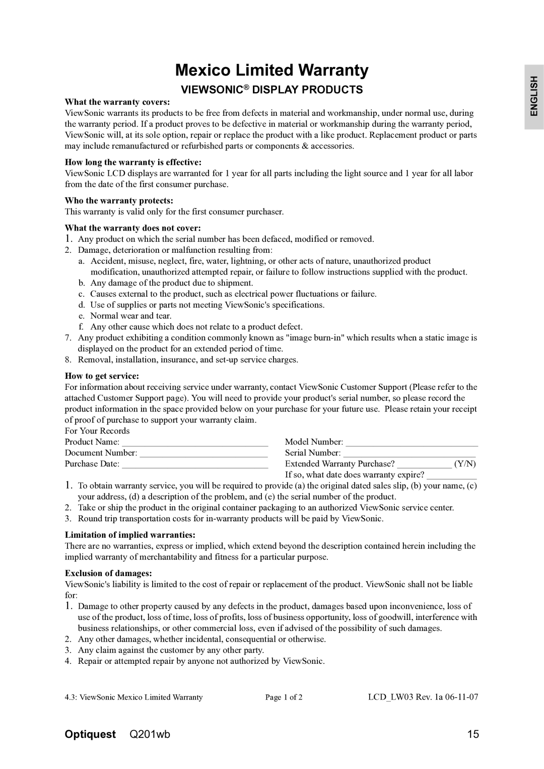 ViewSonic Q201WB, VS12106 warranty Mexico Limited Warranty, Viewsonic Display Products 