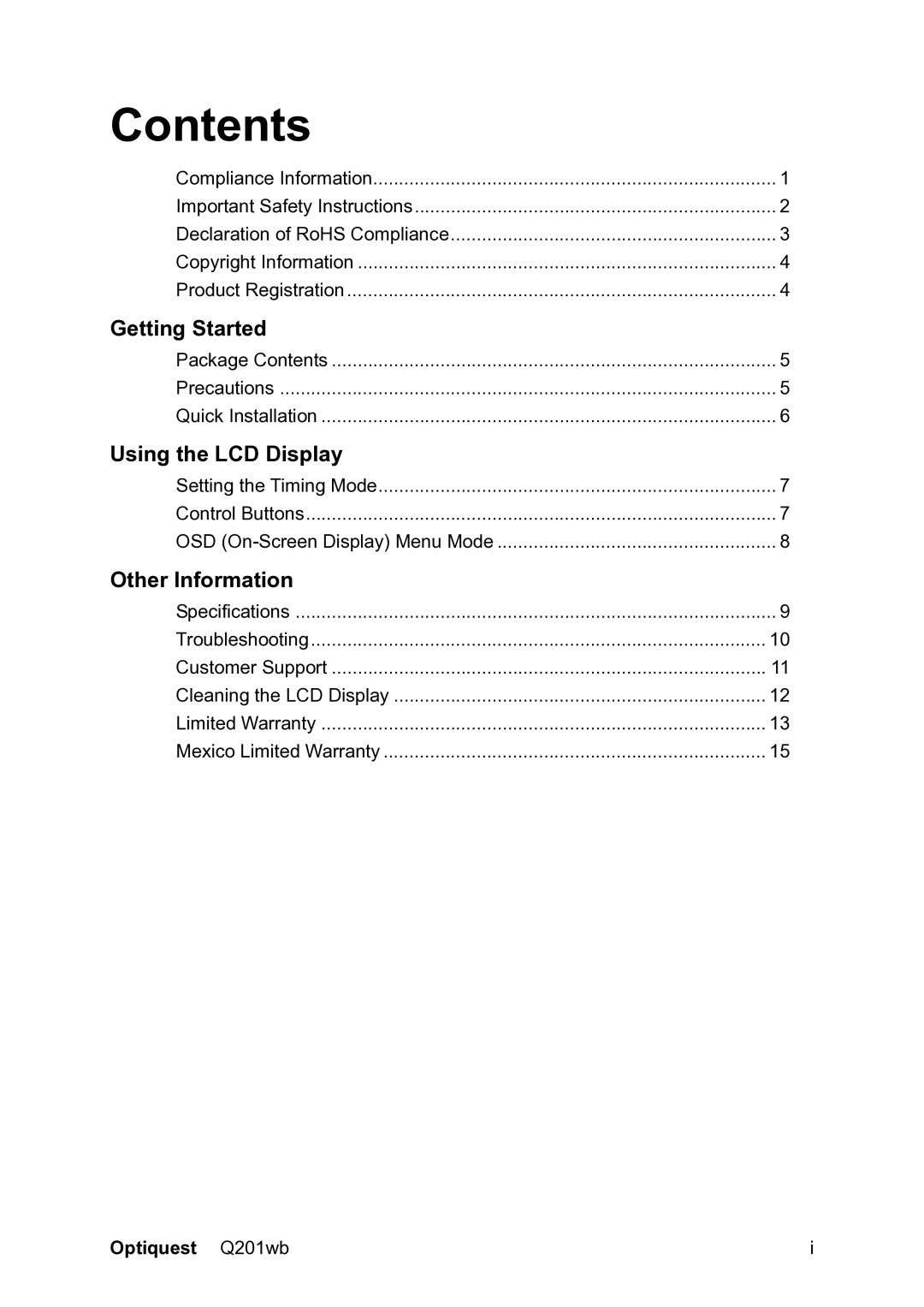 ViewSonic VS12106, Q201WB warranty Contents 