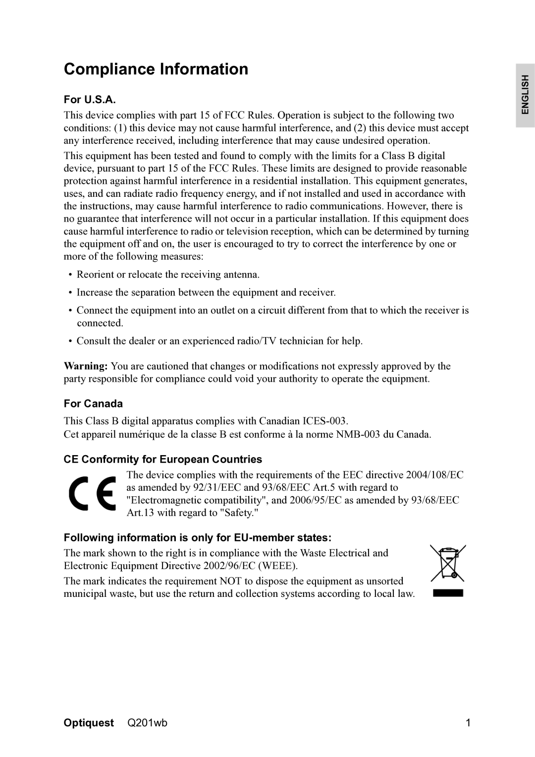 ViewSonic Q201WB, VS12106 warranty Compliance Information, For U.S.A, For Canada, CE Conformity for European Countries 