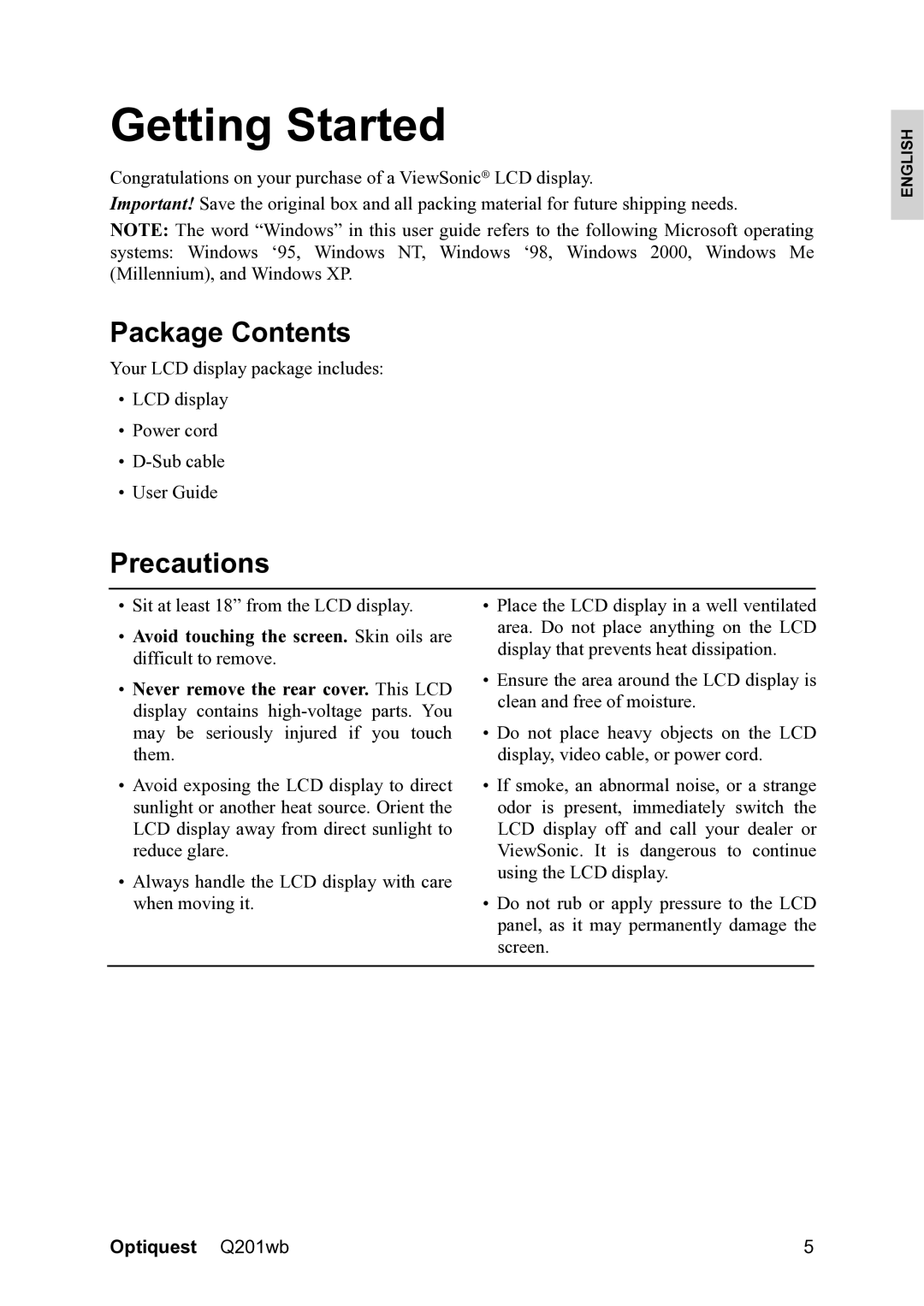 ViewSonic Q201WB, VS12106 warranty Getting Started, Package Contents, Precautions 