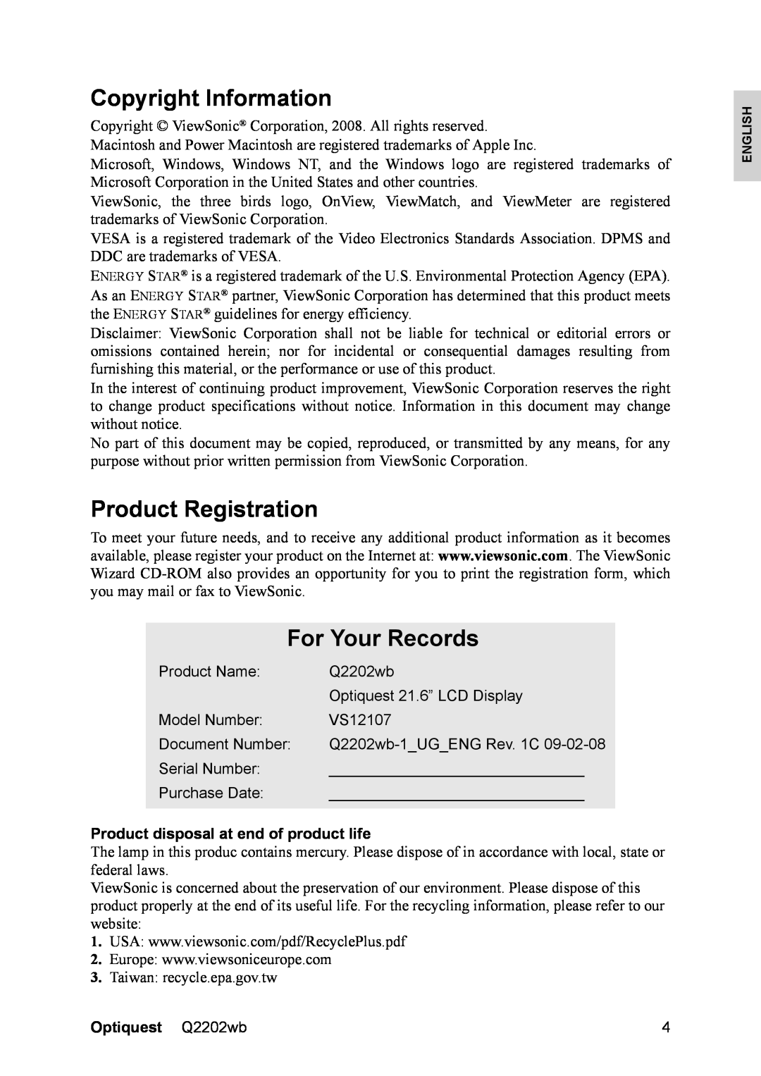 ViewSonic VS12107 Copyright Information, Product Registration, For Your Records, Product disposal at end of product life 