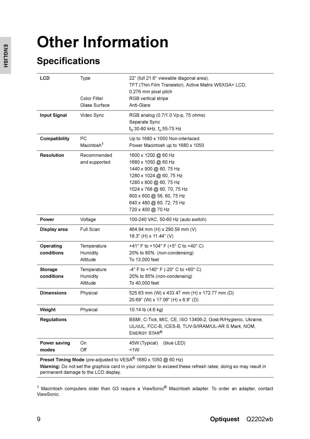 ViewSonic Q2202WB, VS12107 warranty Other Information, Specifications 