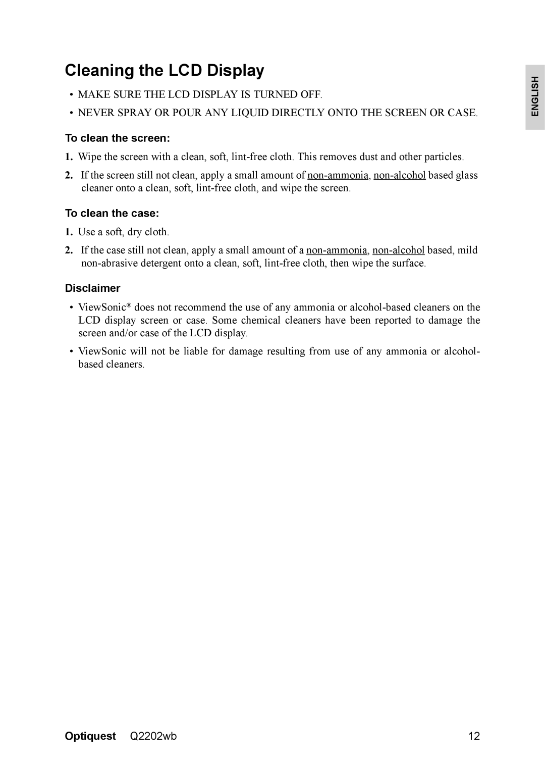 ViewSonic VS12107, Q2202WB warranty Cleaning the LCD Display, To clean the screen, To clean the case, Disclaimer 
