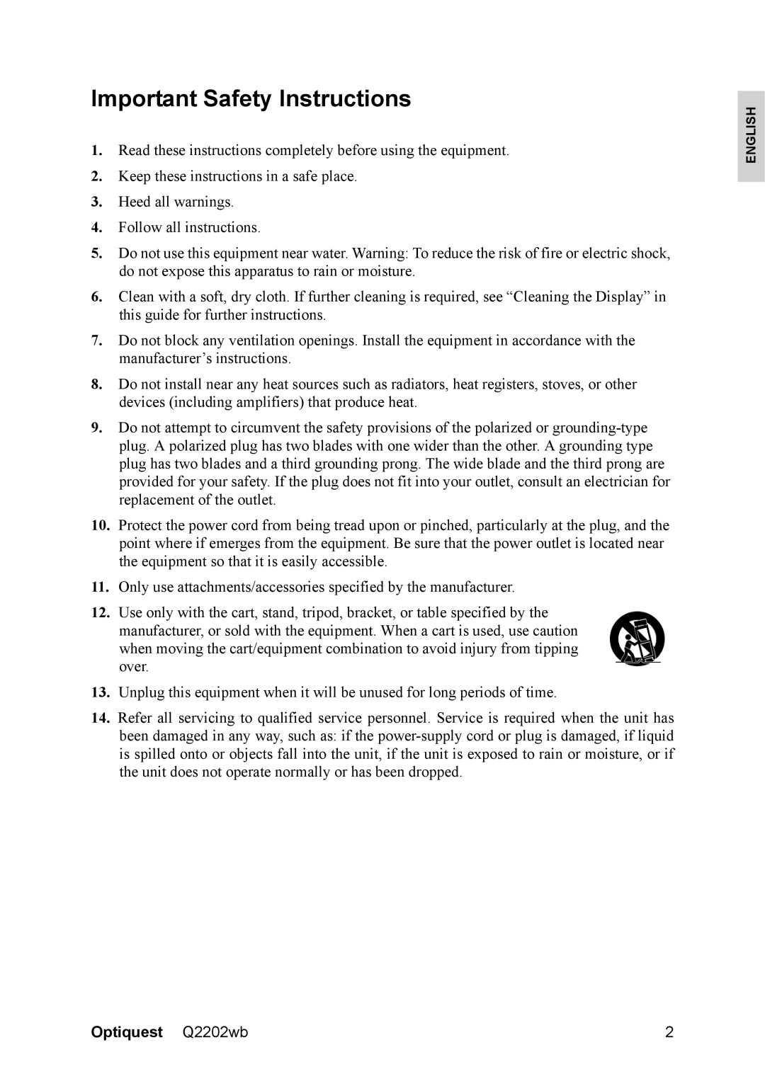 ViewSonic VS12107, Q2202WB warranty Important Safety Instructions 