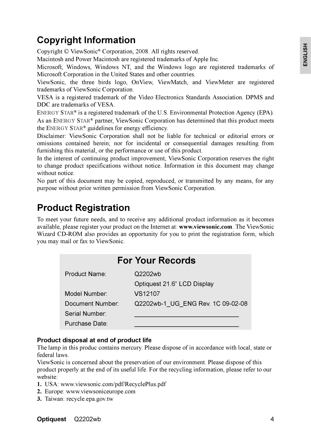 ViewSonic VS12107 Copyright Information, Product Registration For Your Records, Product disposal at end of product life 