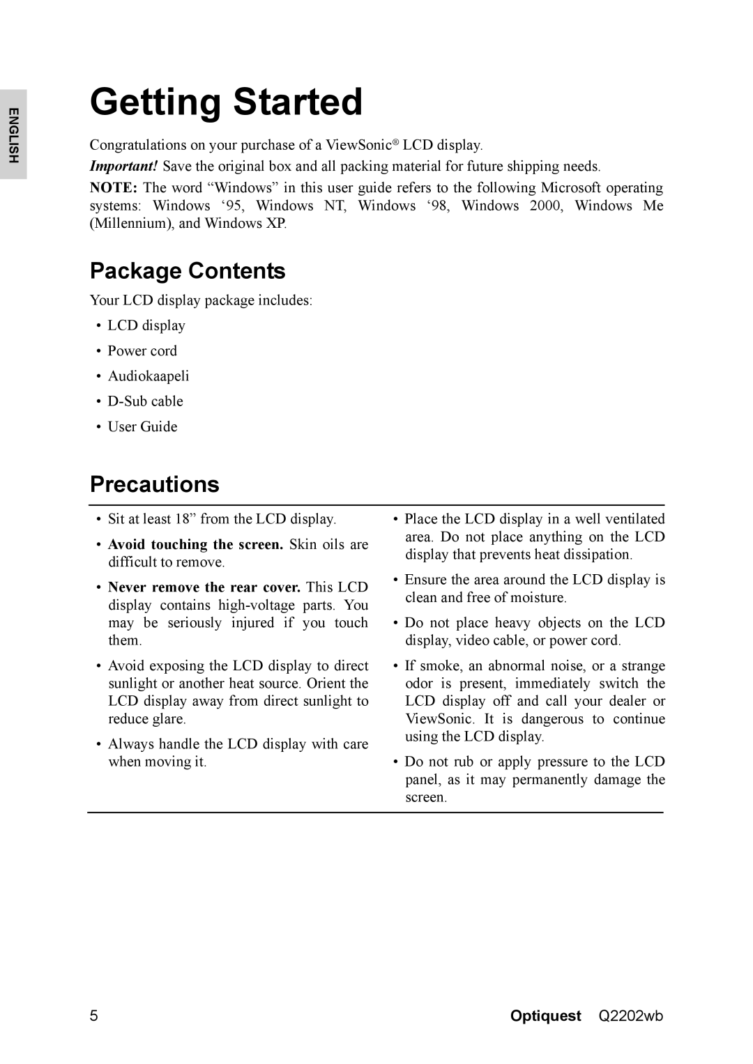 ViewSonic Q2202WB, VS12107 warranty Getting Started, Package Contents, Precautions 