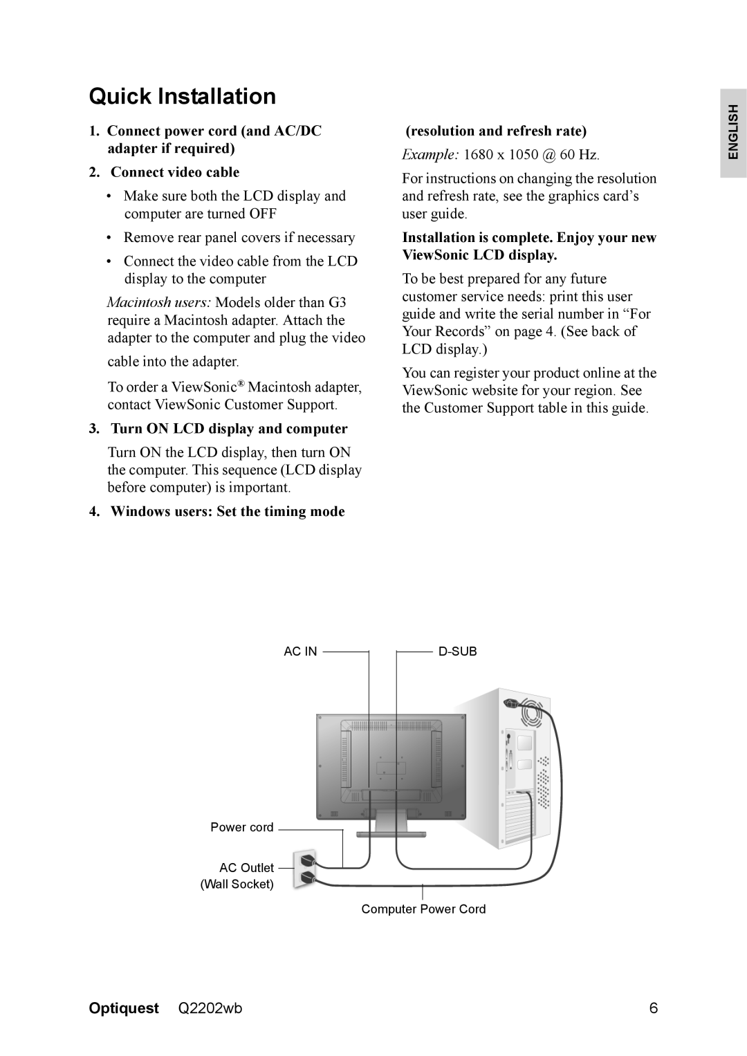 ViewSonic VS12107, Q2202WB warranty Quick Installation, Turn on LCD display and computer, Resolution and refresh rate 