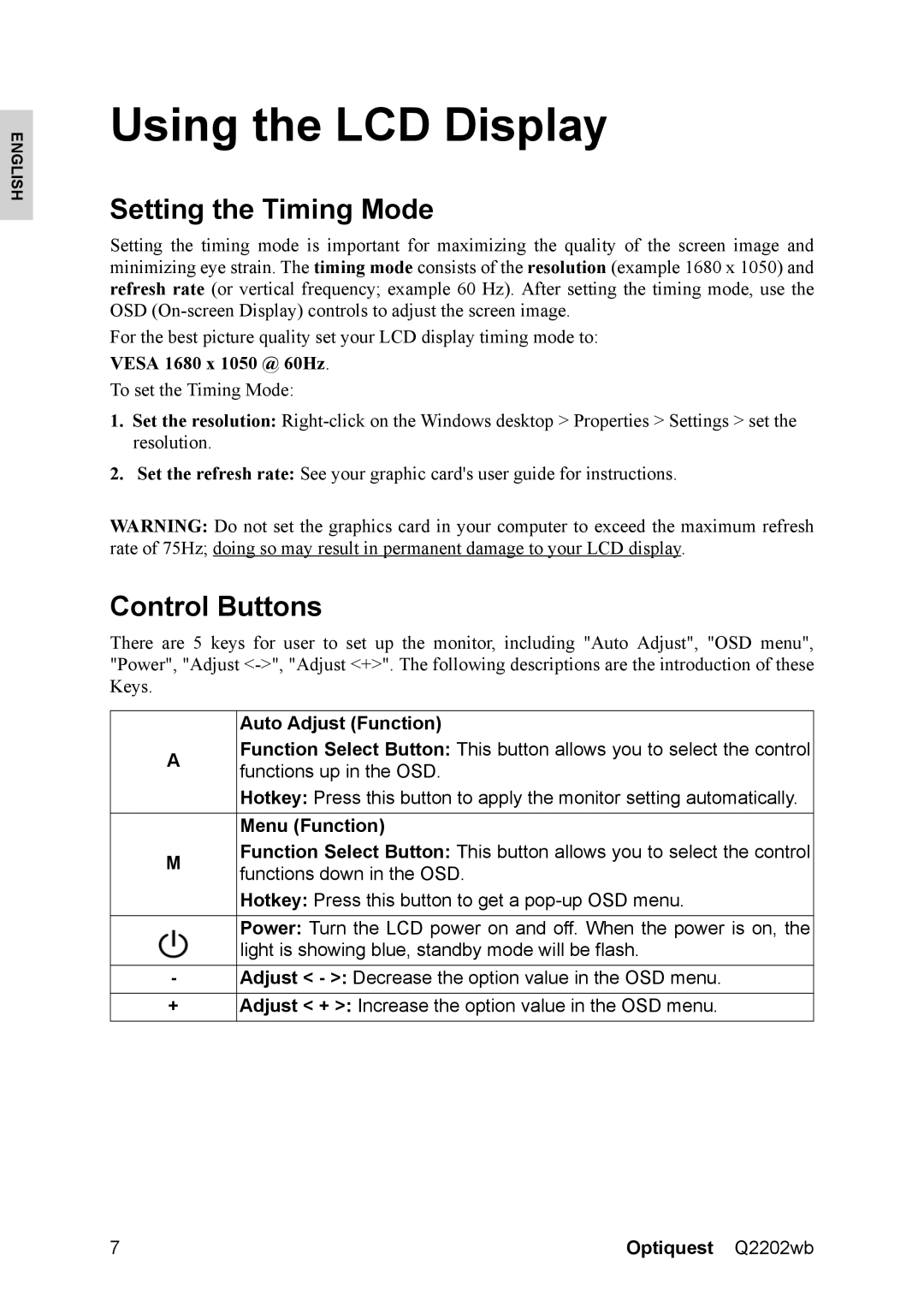 ViewSonic Q2202WB, VS12107 warranty Using the LCD Display, Setting the Timing Mode, Control Buttons 