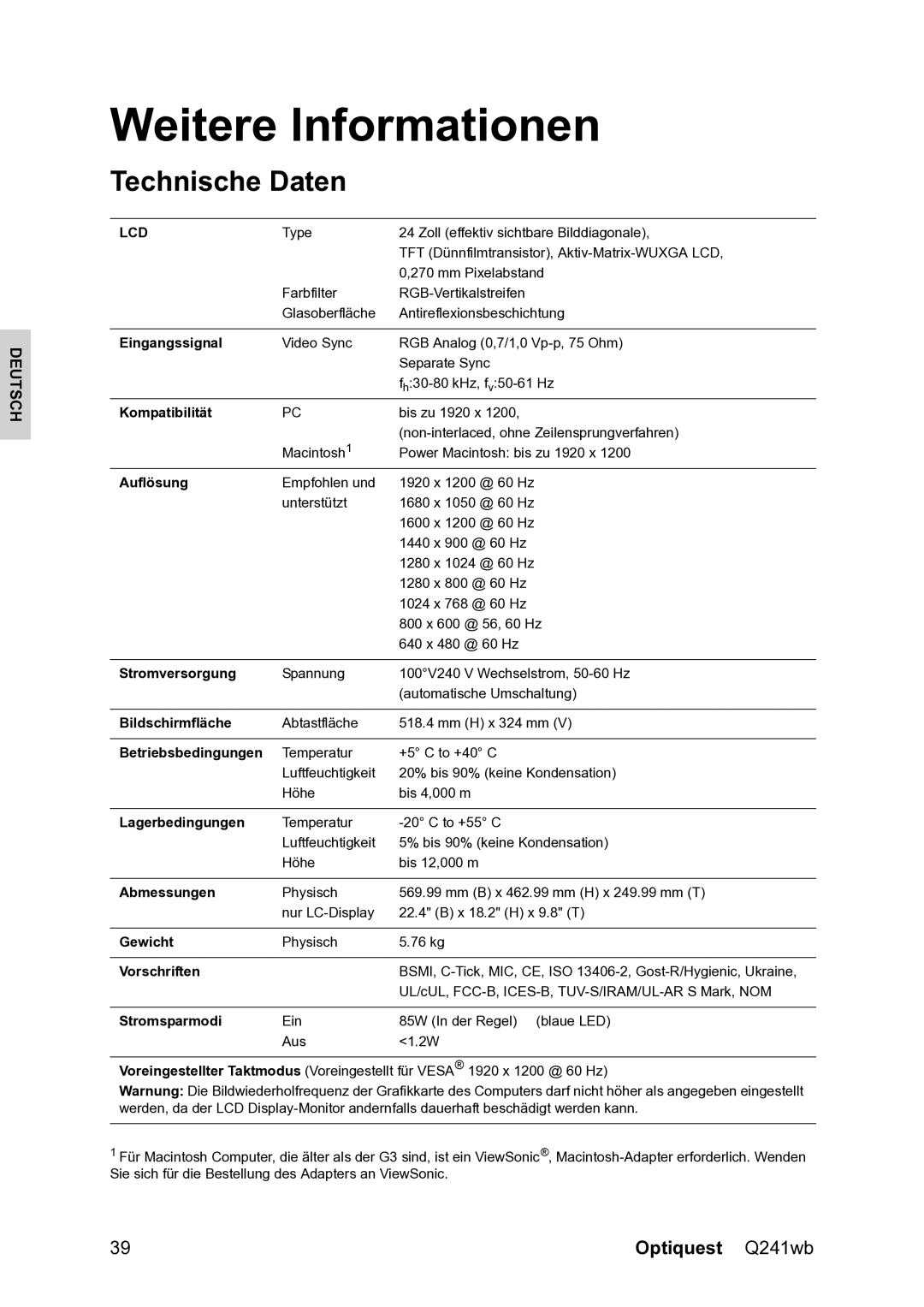 ViewSonic VS12108 warranty Weitere Informationen, Technische Daten 