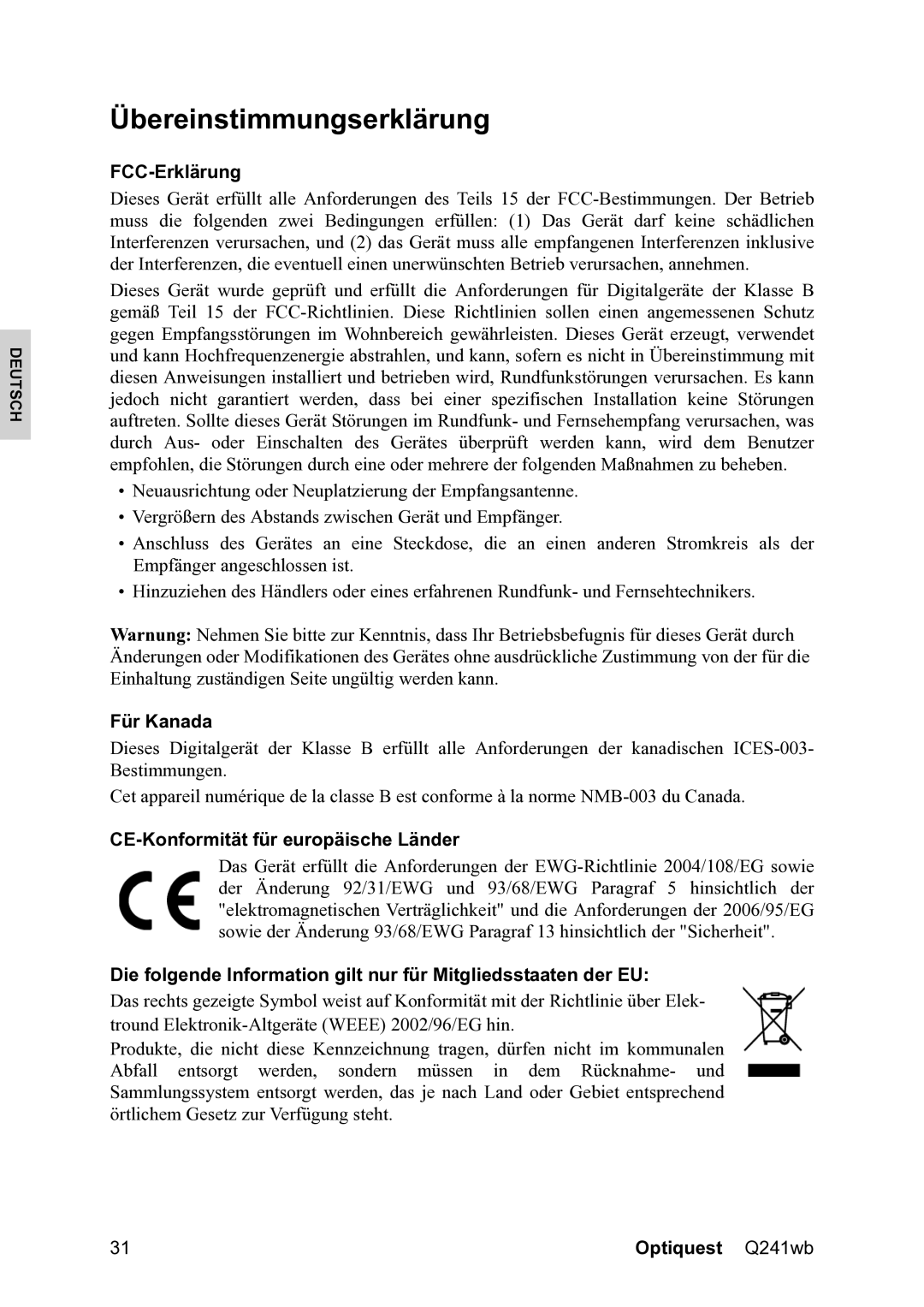 ViewSonic VS12108 warranty Übereinstimmungserklärung, FCC-Erklärung, Für Kanada, CE-Konformität für europäische Länder 