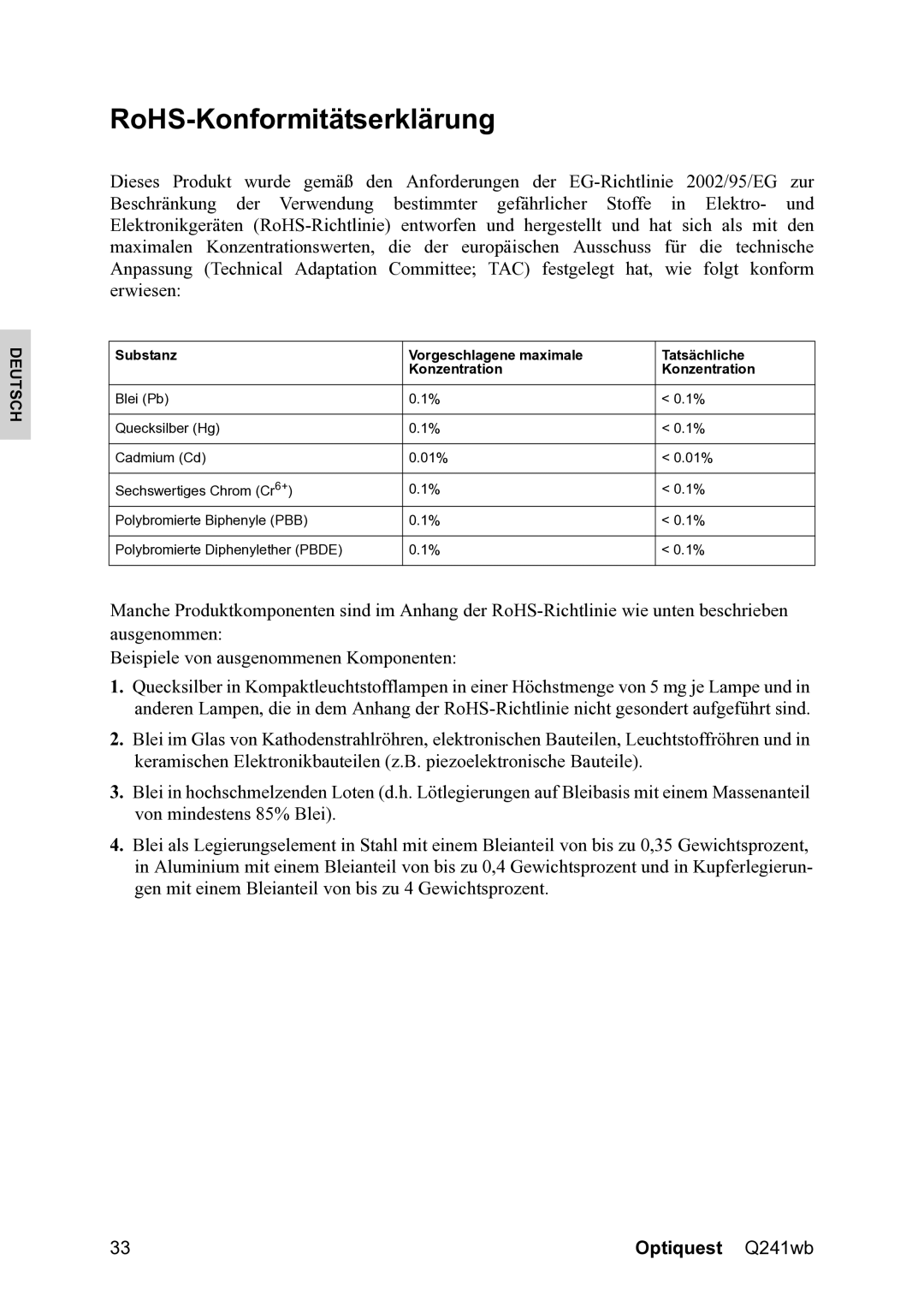 ViewSonic VS12108 warranty RoHS-Konformitätserklärung, Substanz Vorgeschlagene maximale Tatsächliche Konzentration 