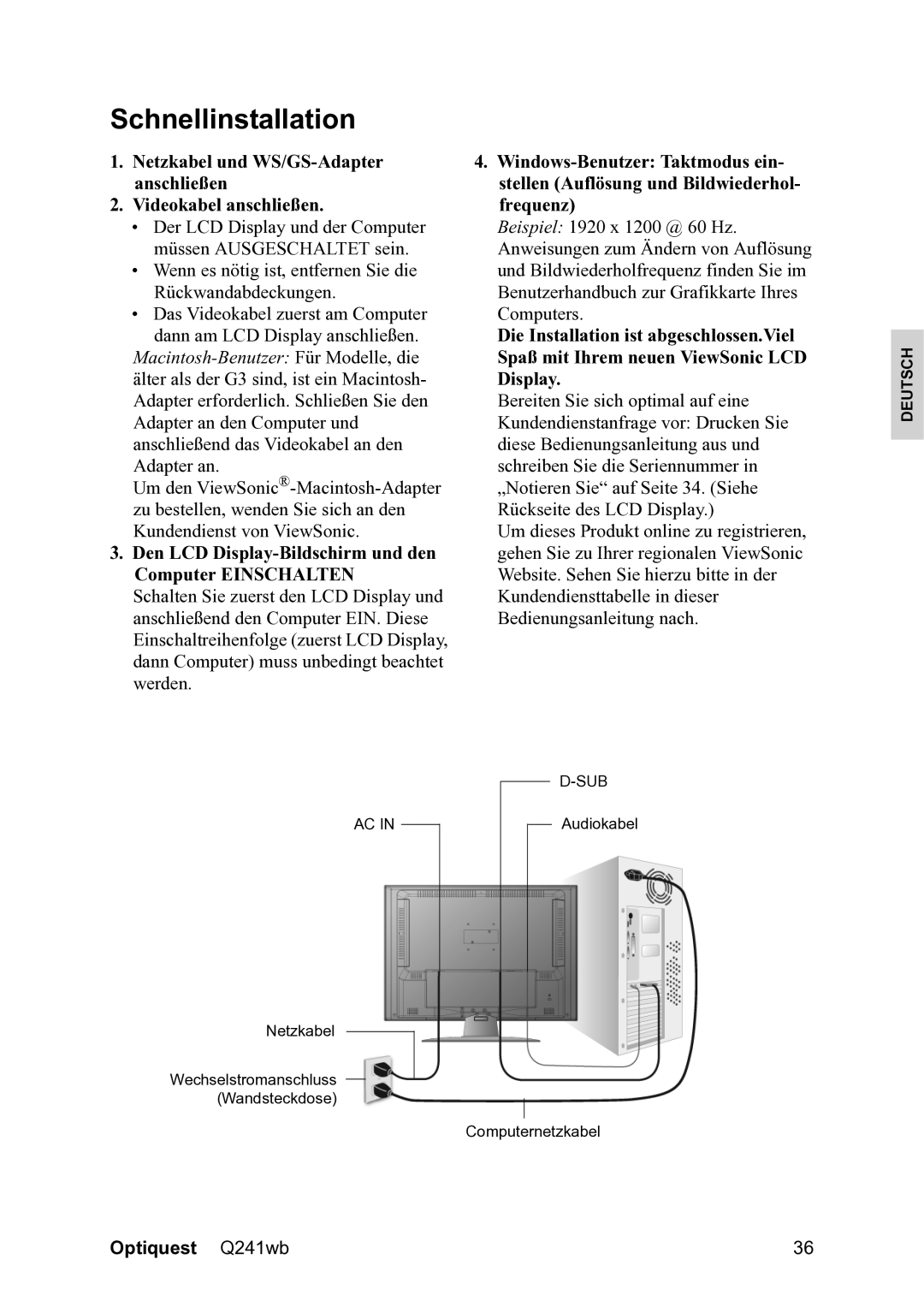 ViewSonic VS12108 warranty Schnellinstallation 