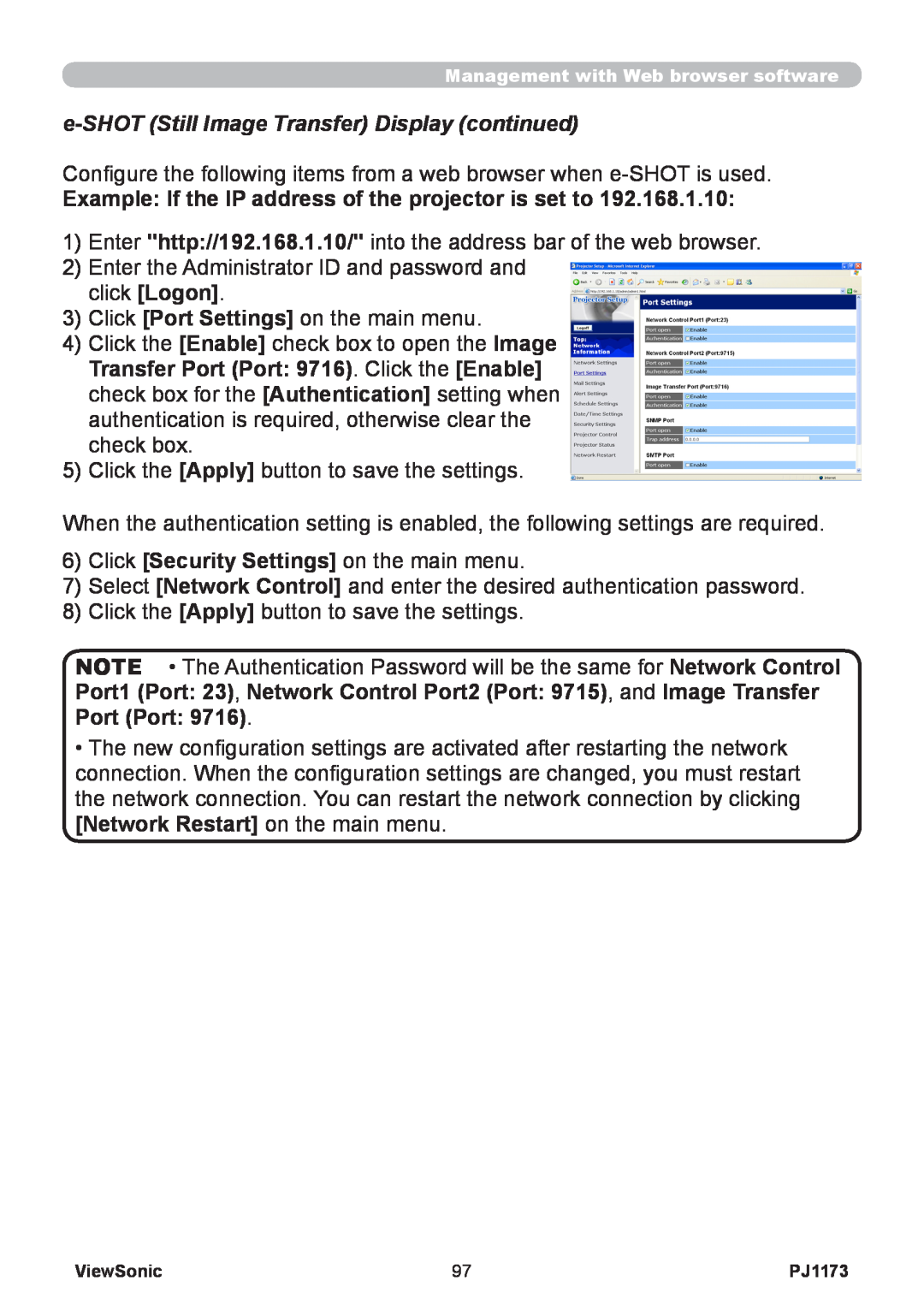 ViewSonic VS12109, PJ1173 warranty e-SHOTStill Image Transfer Display continued, Network Restart on the main menu 