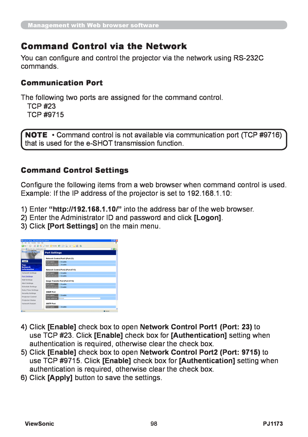 ViewSonic PJ1173, VS12109 warranty Command Control via the Network, Communication Port, Command Control Settings 