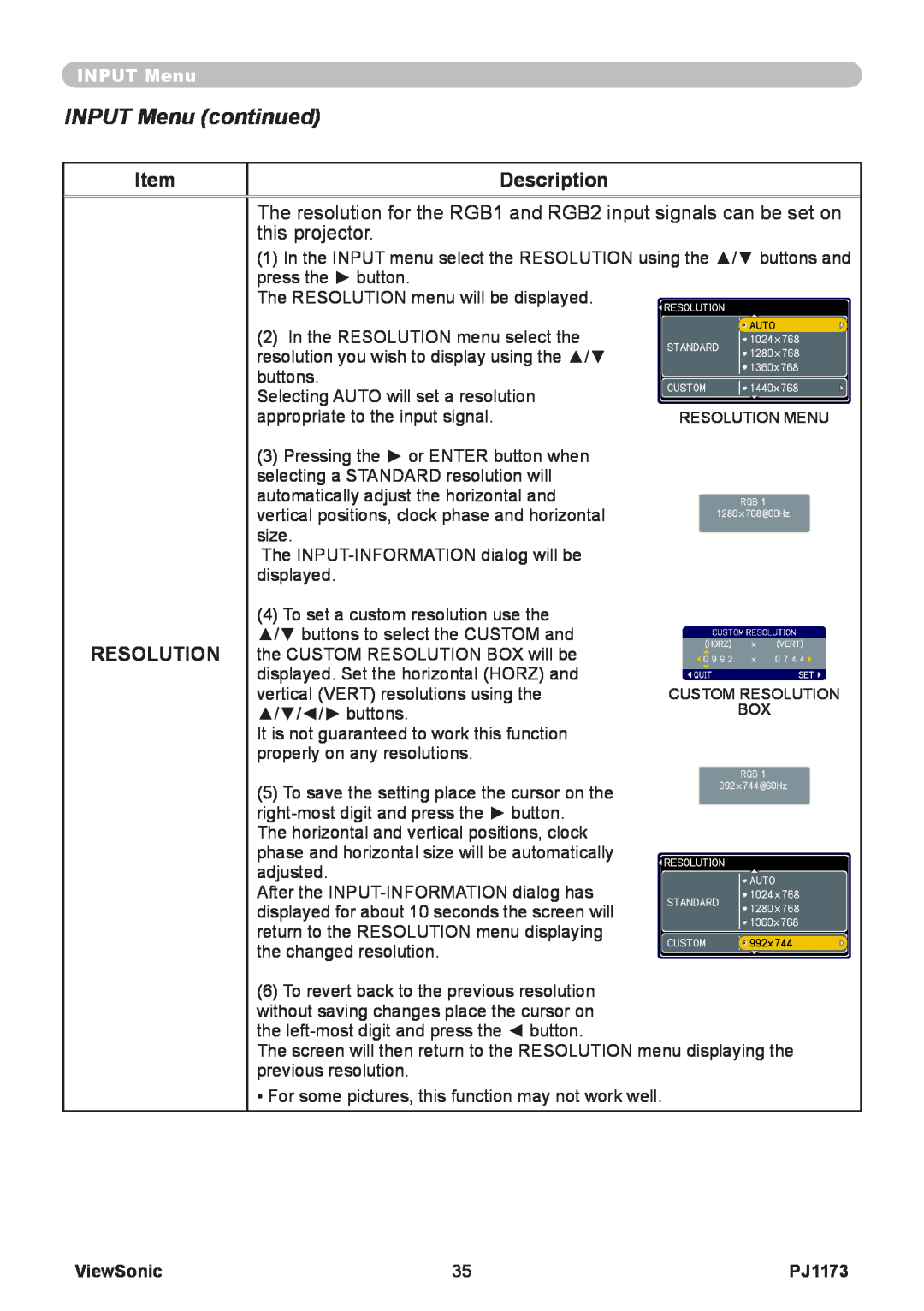 ViewSonic VS12109, PJ1173 warranty INPUT Menu continued, Item, Description, Resolution, ViewSonic 