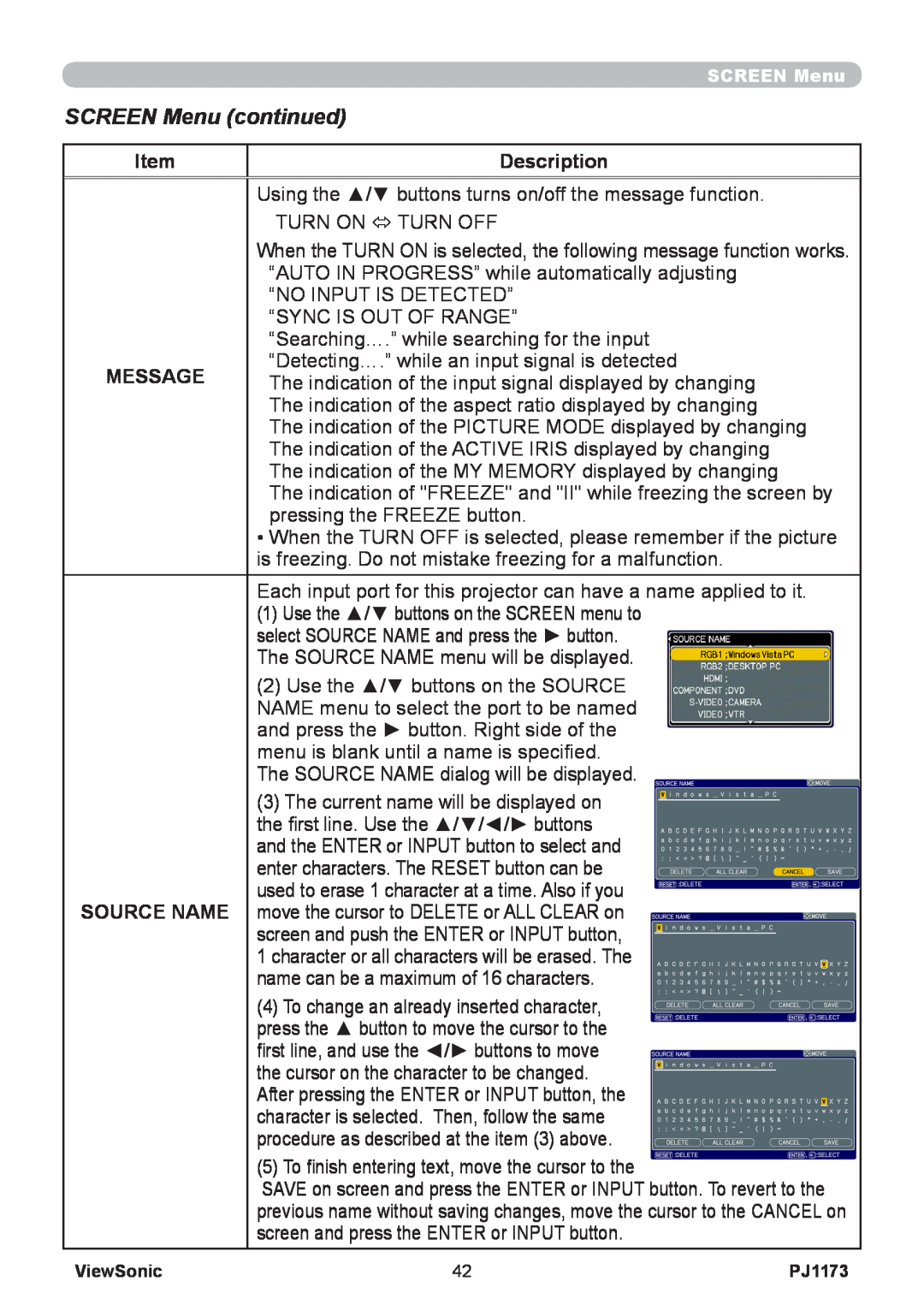 ViewSonic PJ1173, VS12109 warranty SCREEN Menu continued, Description, Message, Source Name 