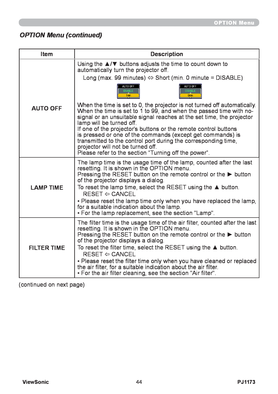 ViewSonic PJ1173, VS12109 warranty OPTION Menu continued, Item, Description, Auto Off, Lamp Time, Filter Time 