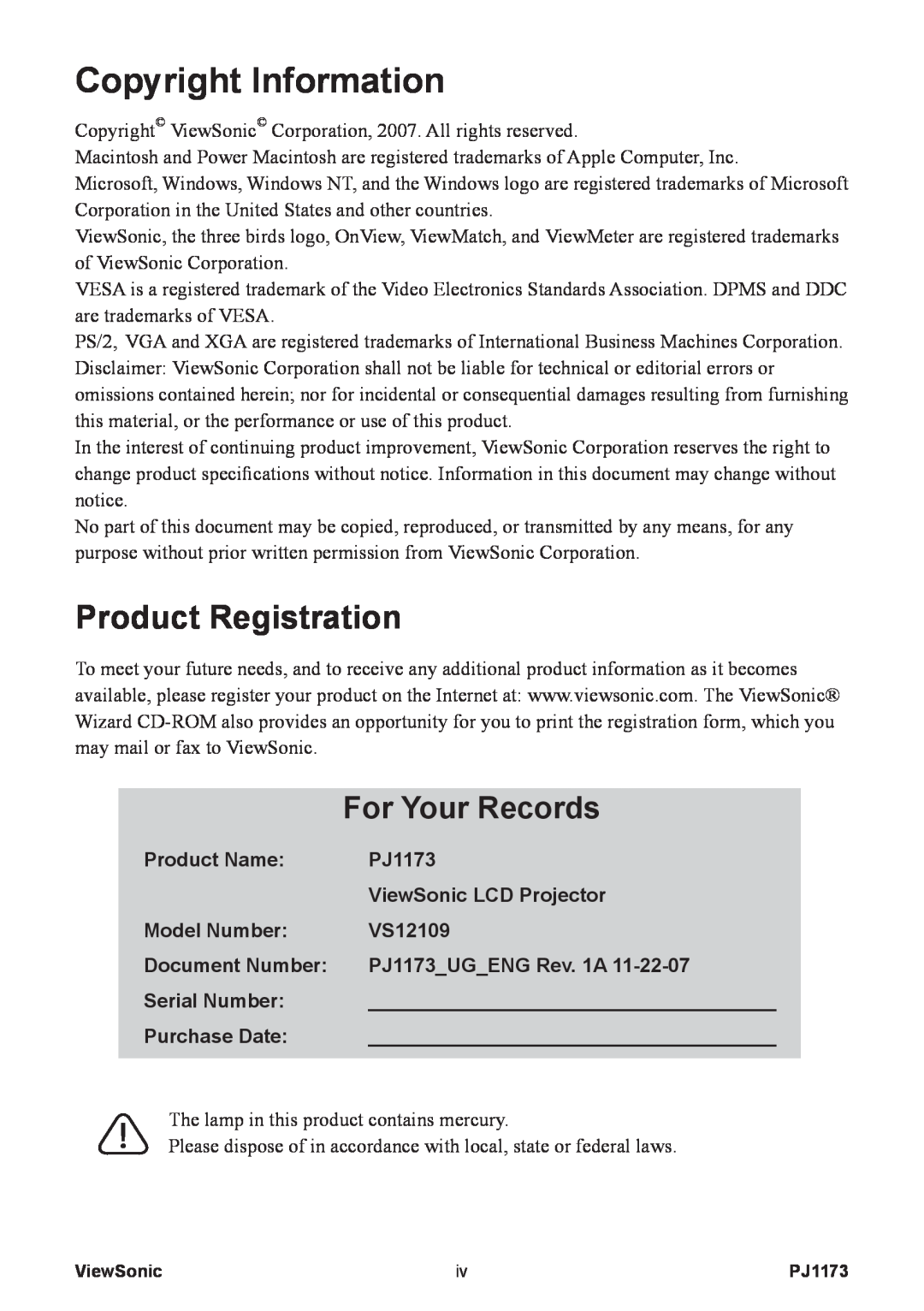 ViewSonic PJ1173, VS12109 warranty Product Registration, For Your Records, Copyright Information 