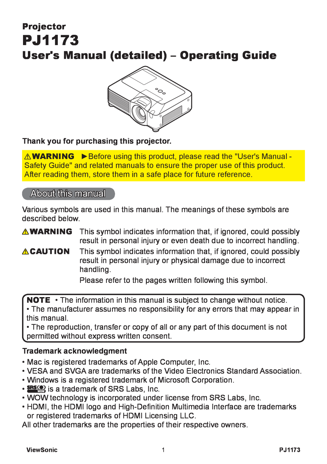 ViewSonic VS12109 PJ1173, Users Manual detailed – Operating Guide, About this manual, Projector, Trademark acknowledgment 