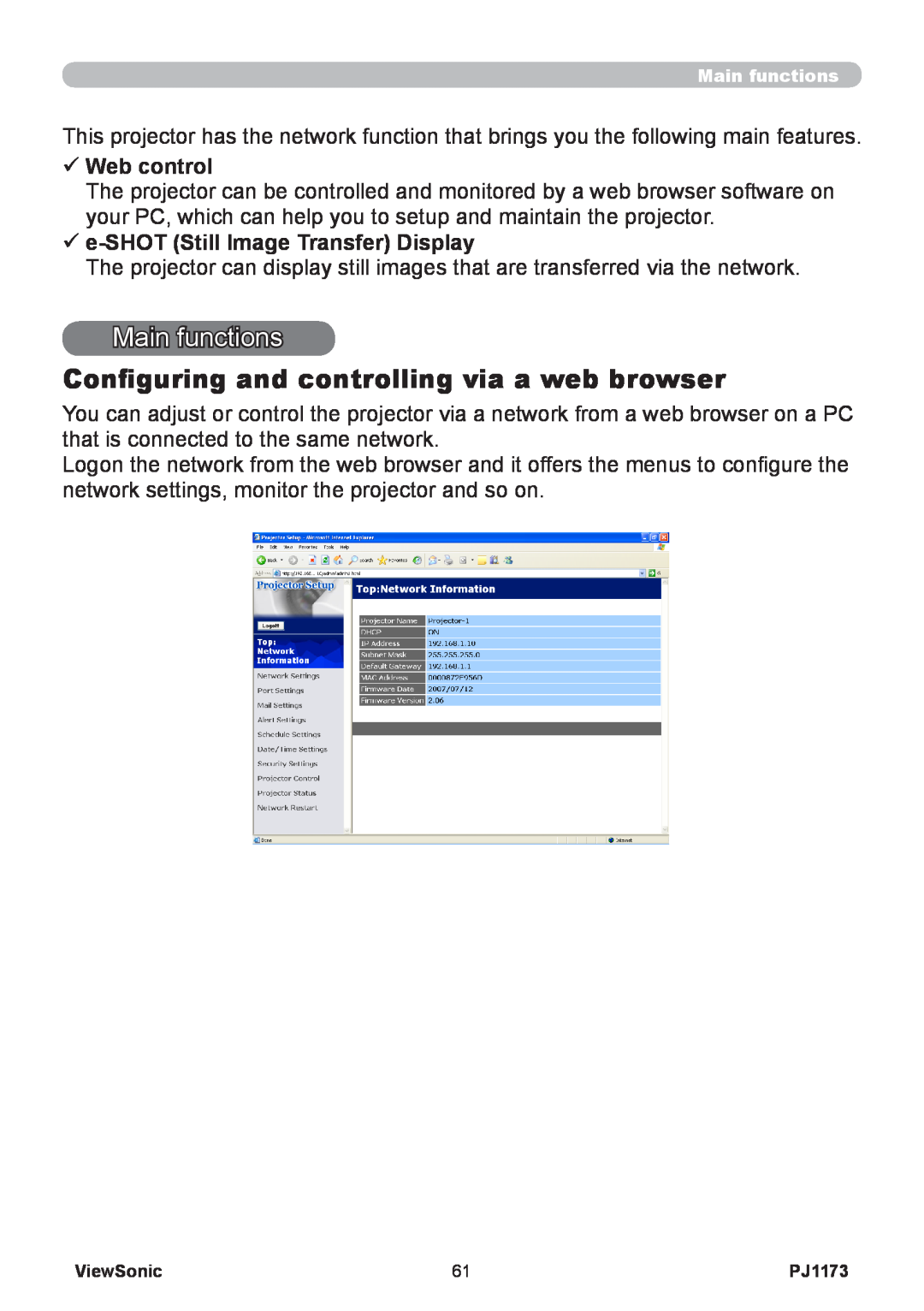 ViewSonic VS12109, PJ1173 warranty Main functions, Configuring and controlling via a web browser, üWeb control 