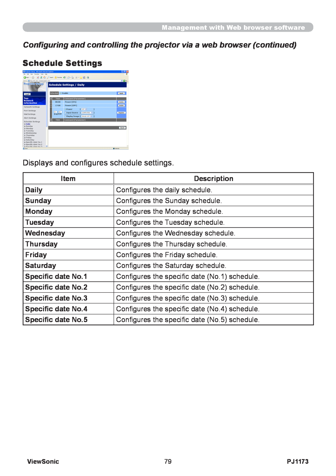 ViewSonic VS12109, PJ1173 warranty Schedule Settings, Displays and configures schedule settings 