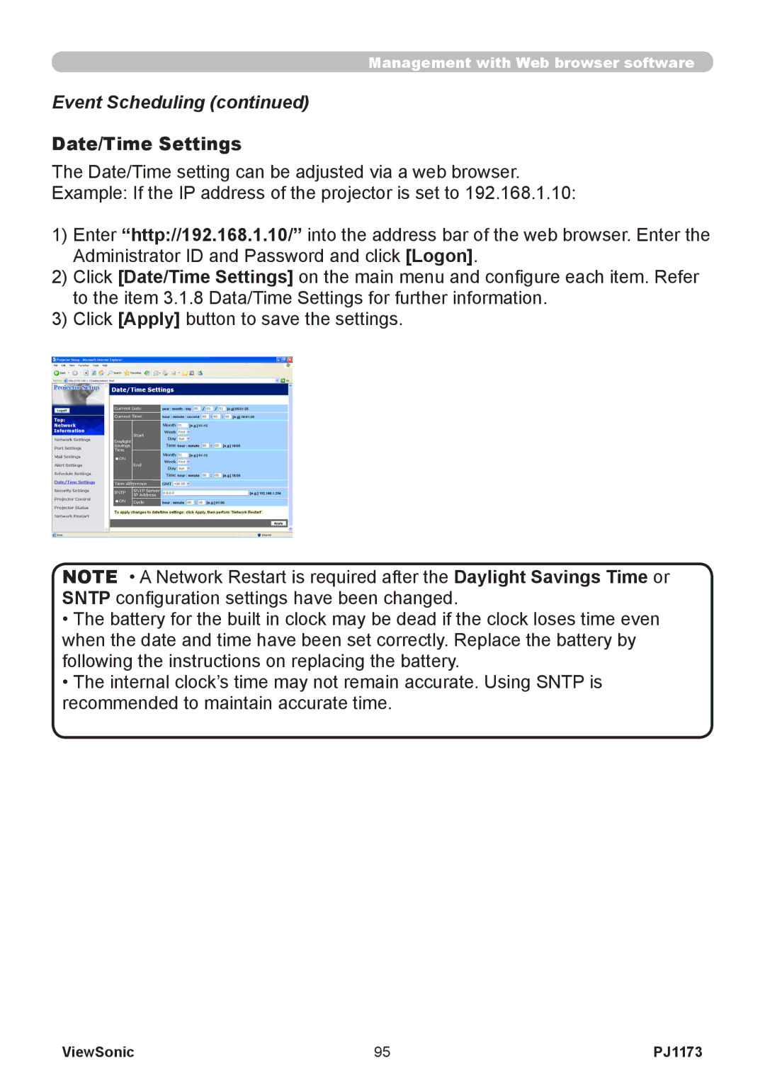 ViewSonic VS12109, PJ1173 warranty Date/Time Settings 