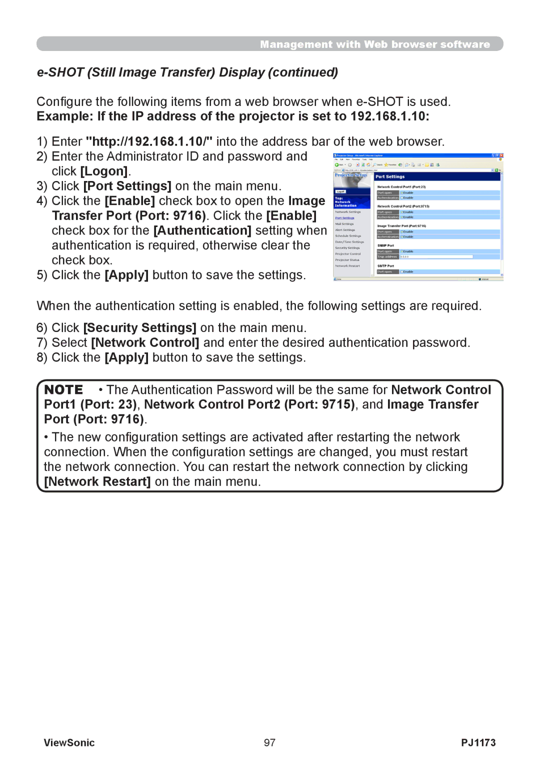 ViewSonic VS12109, PJ1173 warranty Shot Still Image Transfer Display, Example If the IP address of the projector is set to 