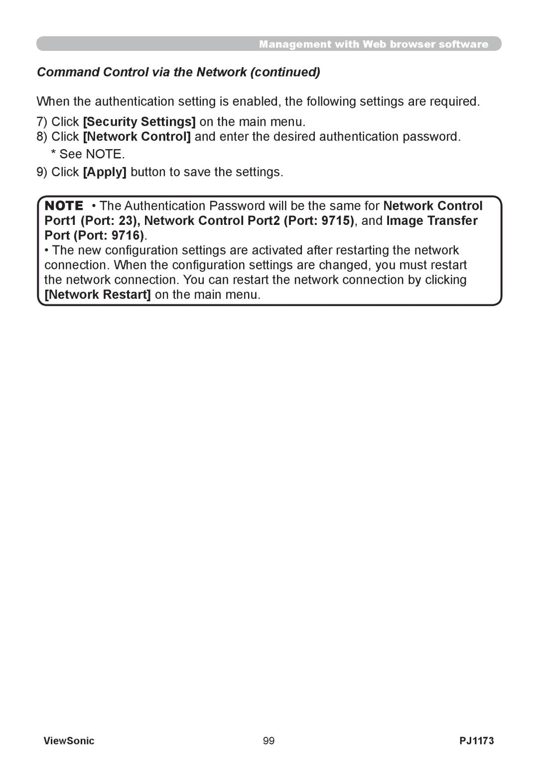 ViewSonic VS12109, PJ1173 warranty Command Control via the Network 