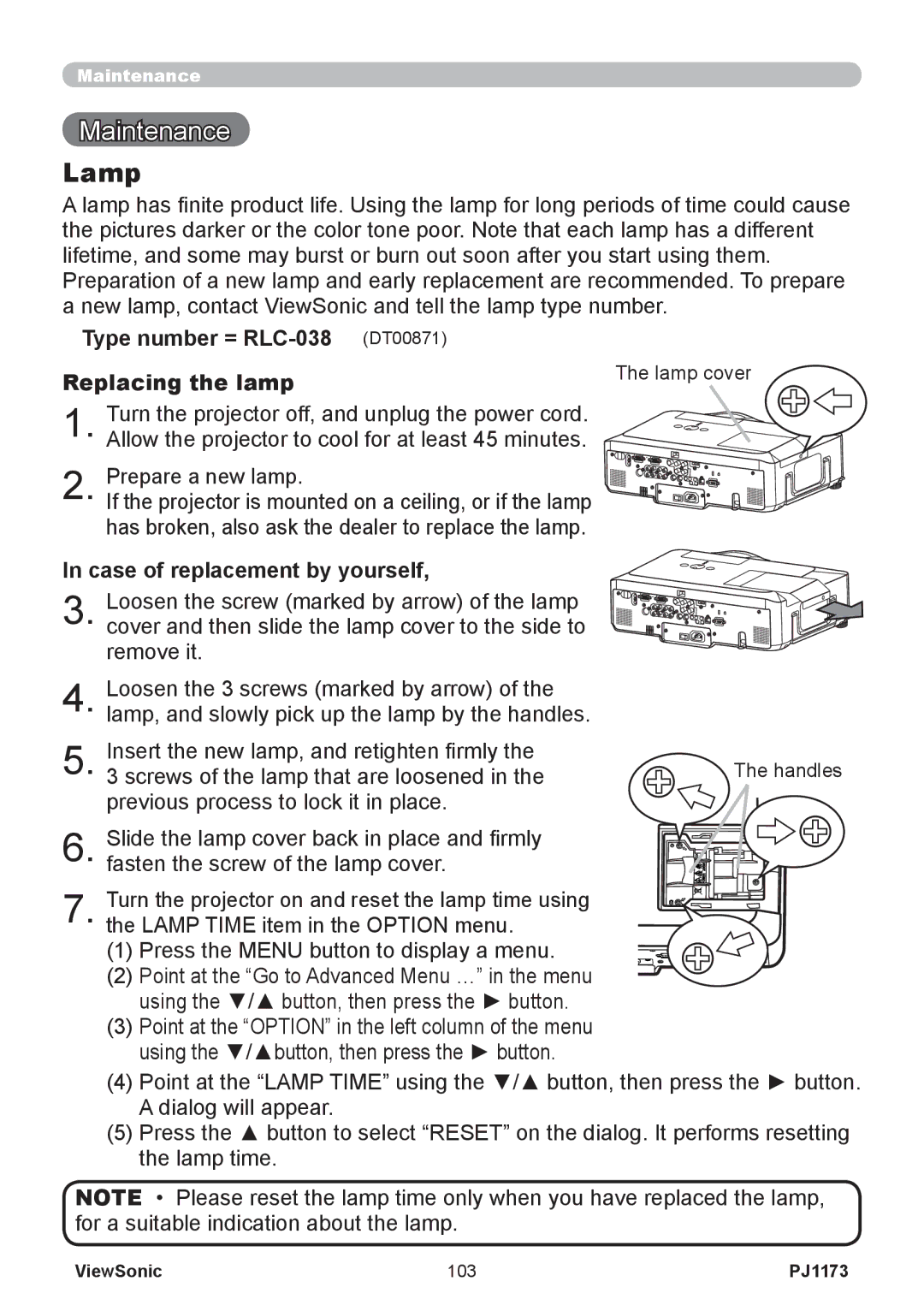 ViewSonic VS12109 Maintenance, Lamp, Type number = RLC-038 DT00871 Replacing the lamp, Case of replacement by yourself 