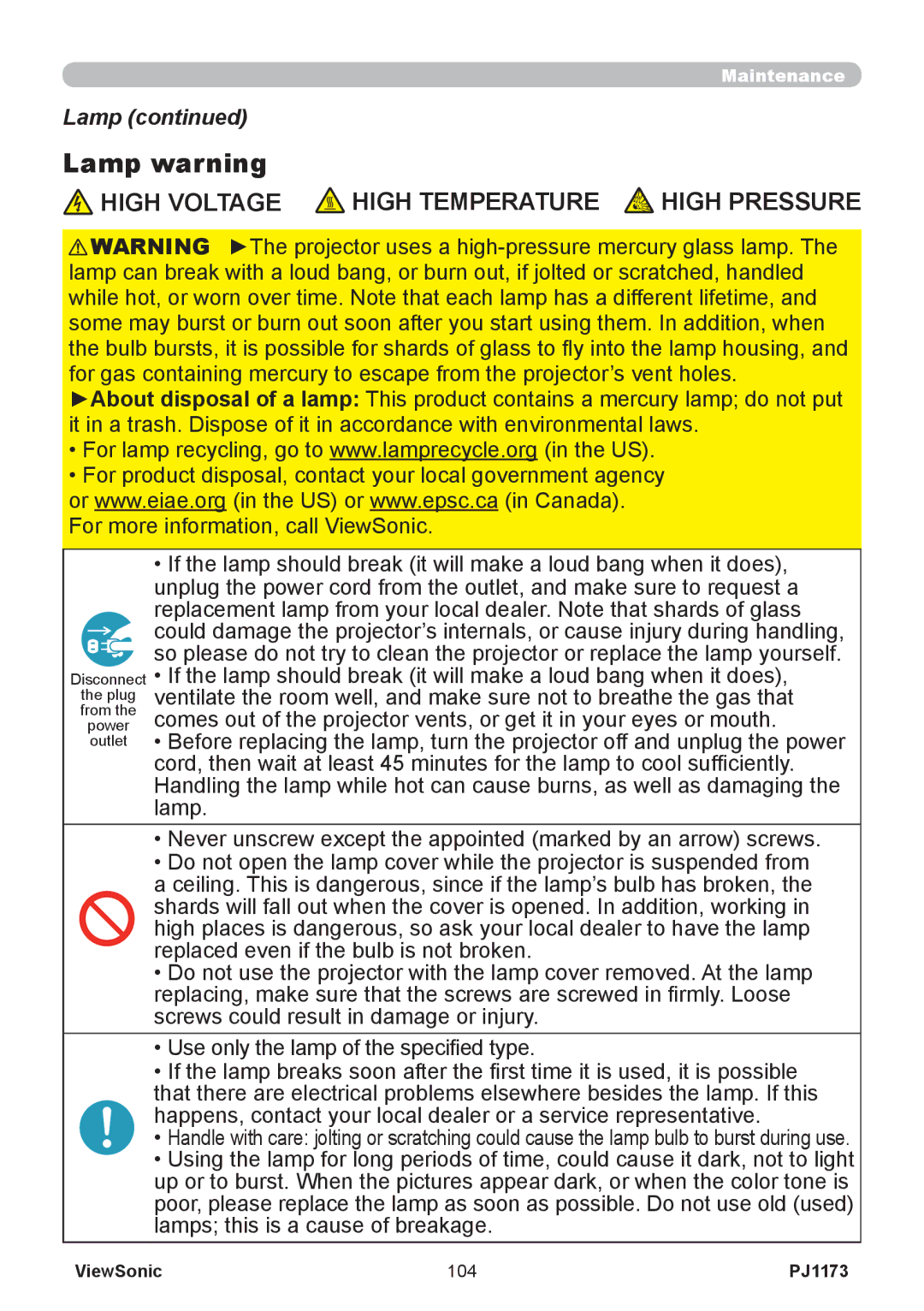 ViewSonic PJ1173, VS12109 warranty Lamp warning 