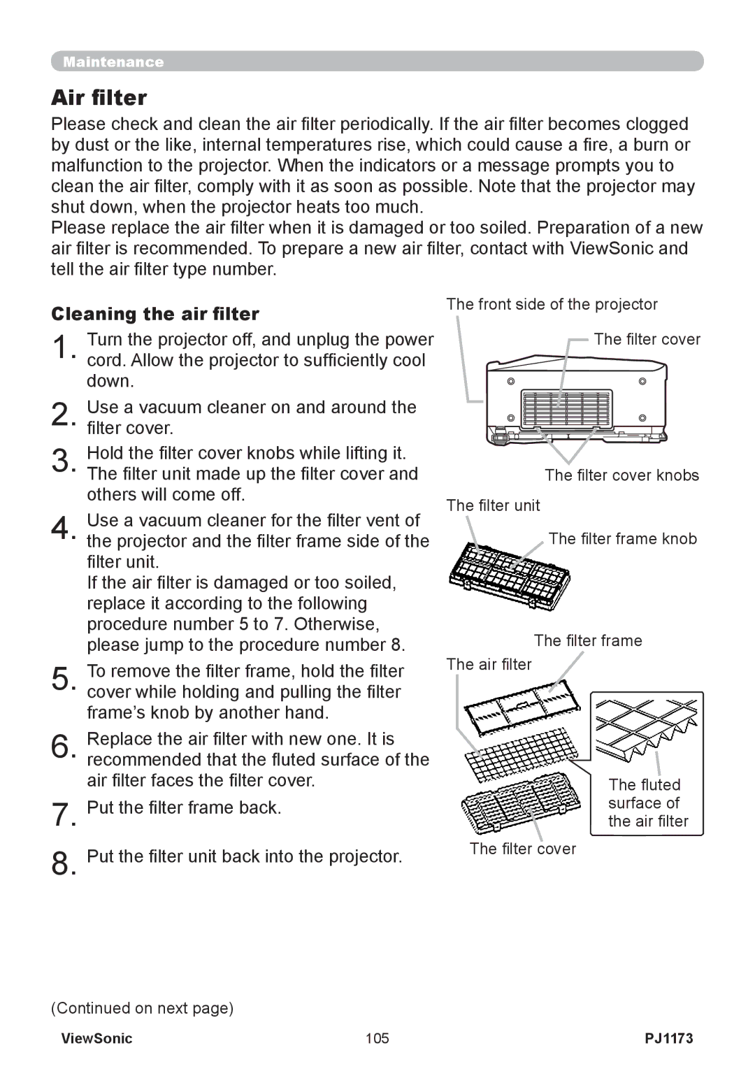 ViewSonic VS12109, PJ1173 warranty Air filter, Cleaning the air filter 