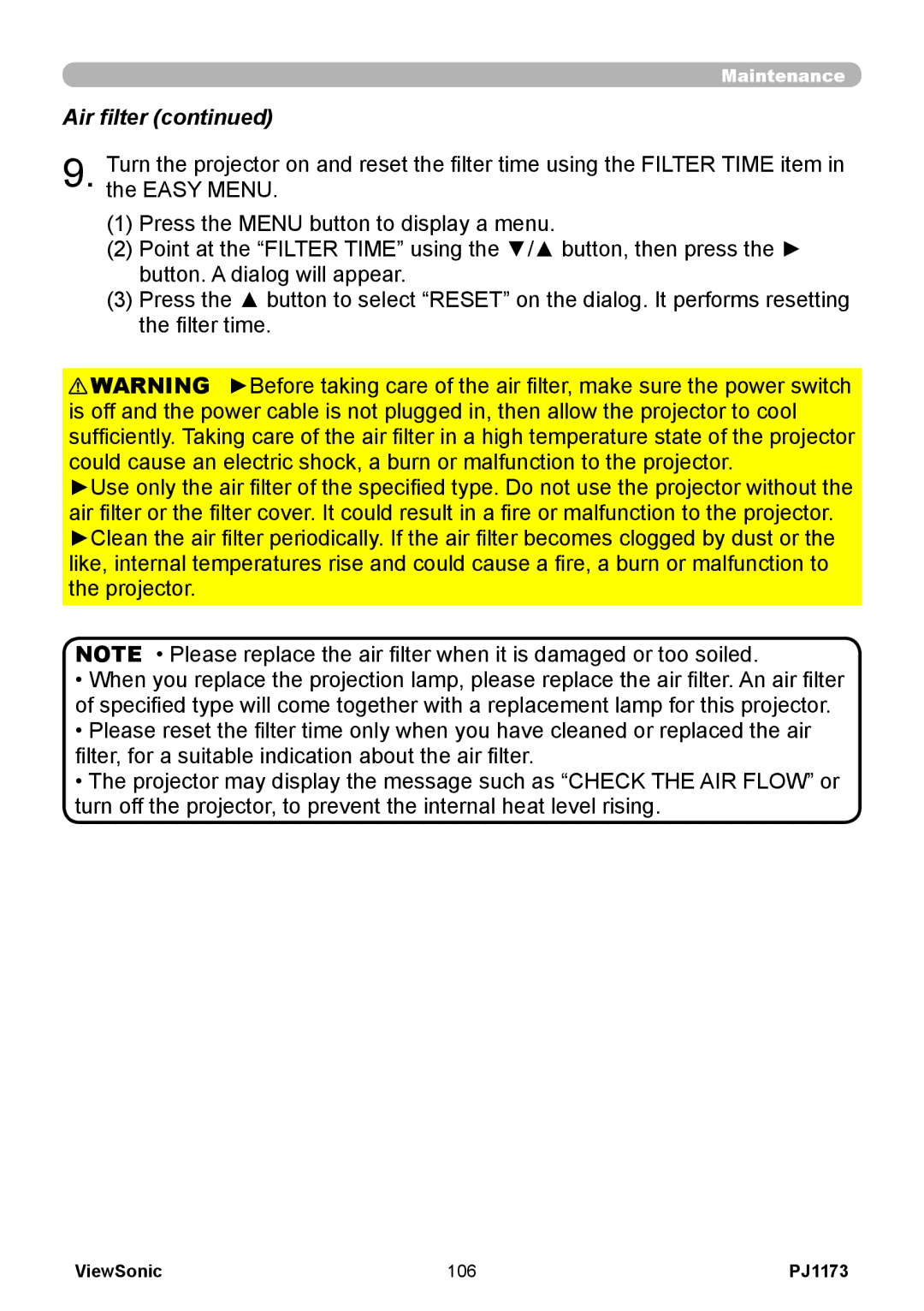 ViewSonic PJ1173, VS12109 warranty Air filter 