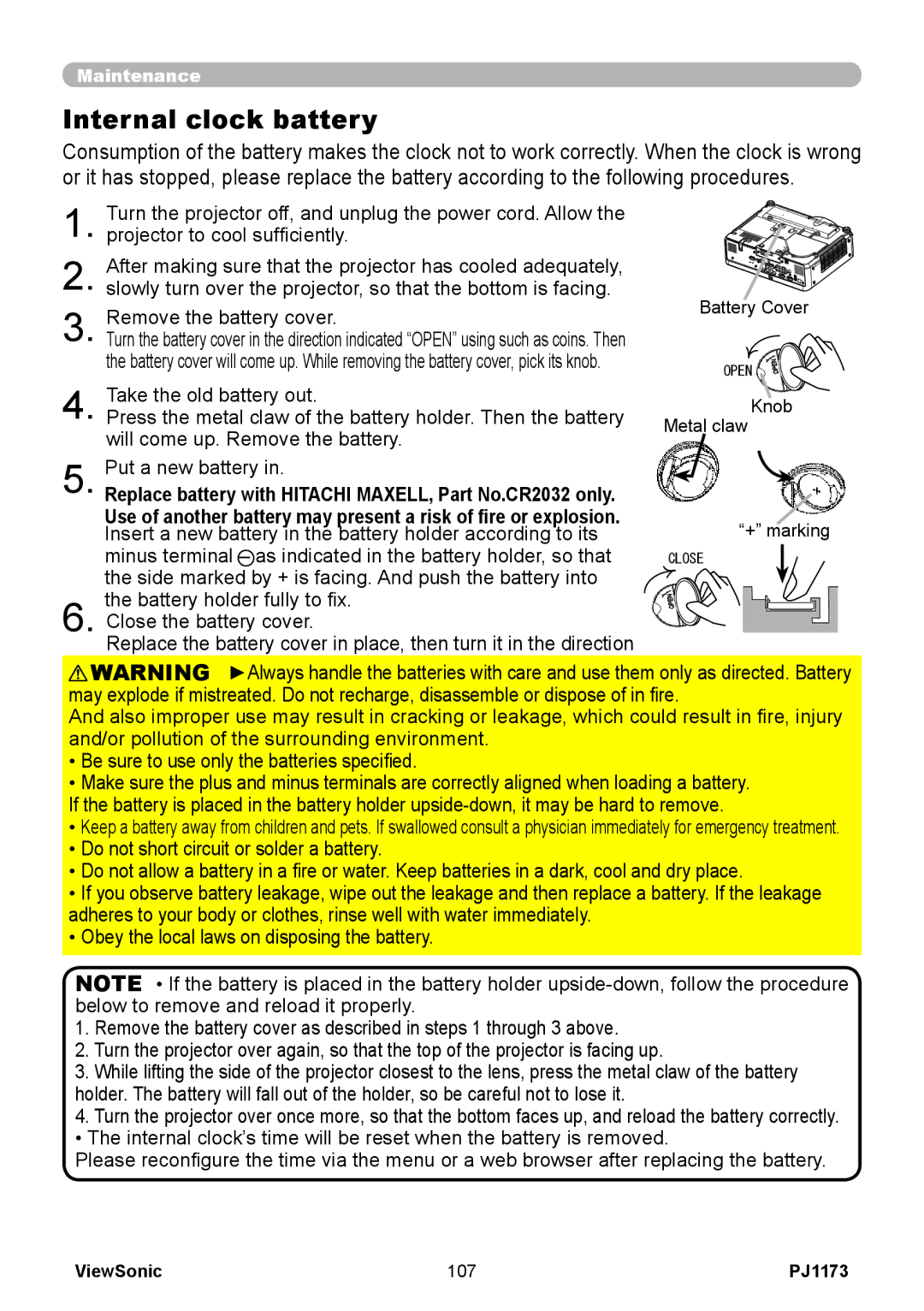 ViewSonic VS12109, PJ1173 warranty Internal clock battery, Replace battery with Hitachi MAXELL, Part No.CR2032 only 