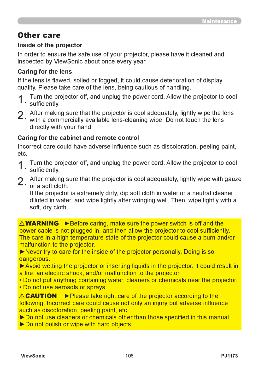 ViewSonic PJ1173 Other care, Inside of the projector, Caring for the lens, Caring for the cabinet and remote control 