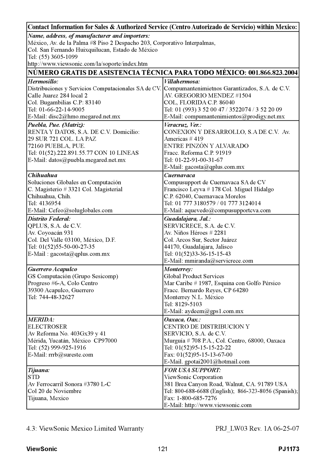 ViewSonic VS12109, PJ1173 warranty Número Gratis DE Asistencia Técnica Para Todo México 
