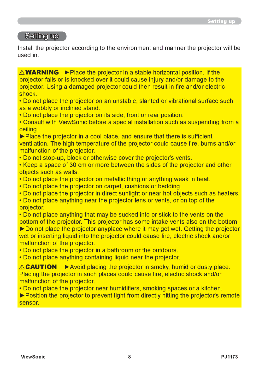 ViewSonic PJ1173, VS12109 warranty Setting up 