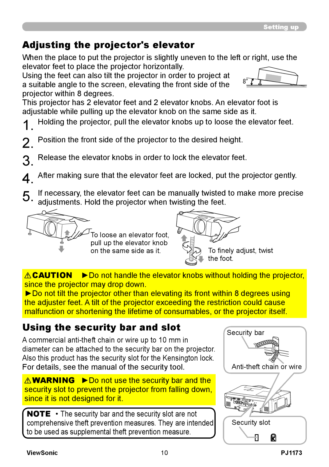 ViewSonic PJ1173, VS12109 warranty Adjusting the projectors elevator, Using the security bar and slot 