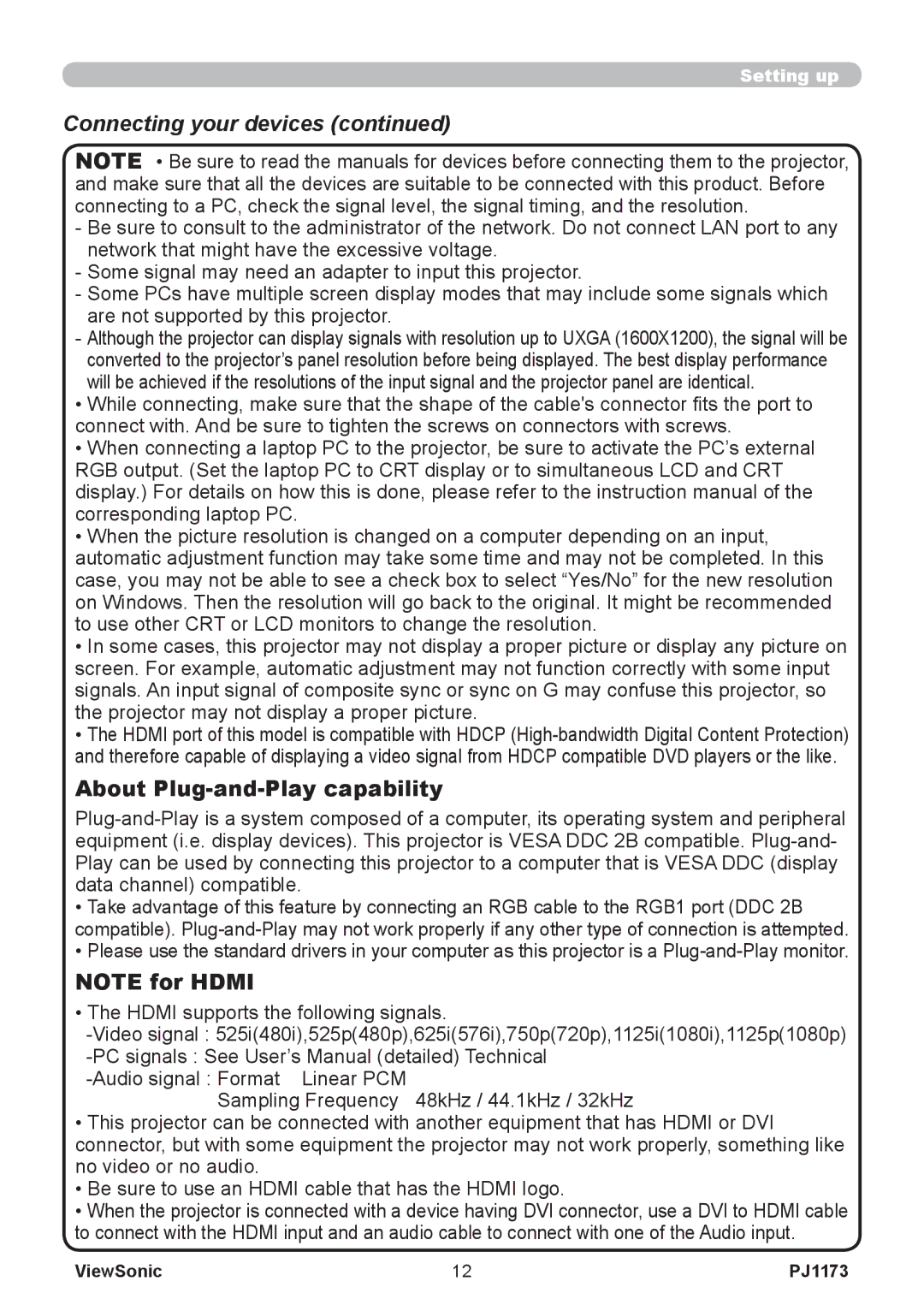 ViewSonic PJ1173, VS12109 warranty Connecting your devices, About Plug-and-Play capability 