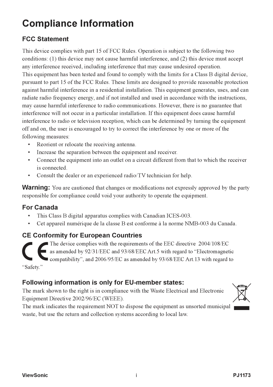 ViewSonic VS12109, PJ1173 warranty FCC Statement, For Canada, CE Conformity for European Countries 