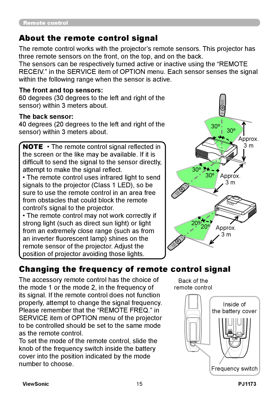 ViewSonic VS12109 About the remote control signal, Changing the frequency of remote control signal, Front and top sensors 