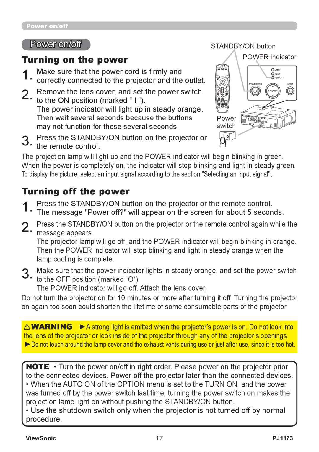 ViewSonic VS12109, PJ1173 warranty Power on/off, Turning on the power, Turning off the power 